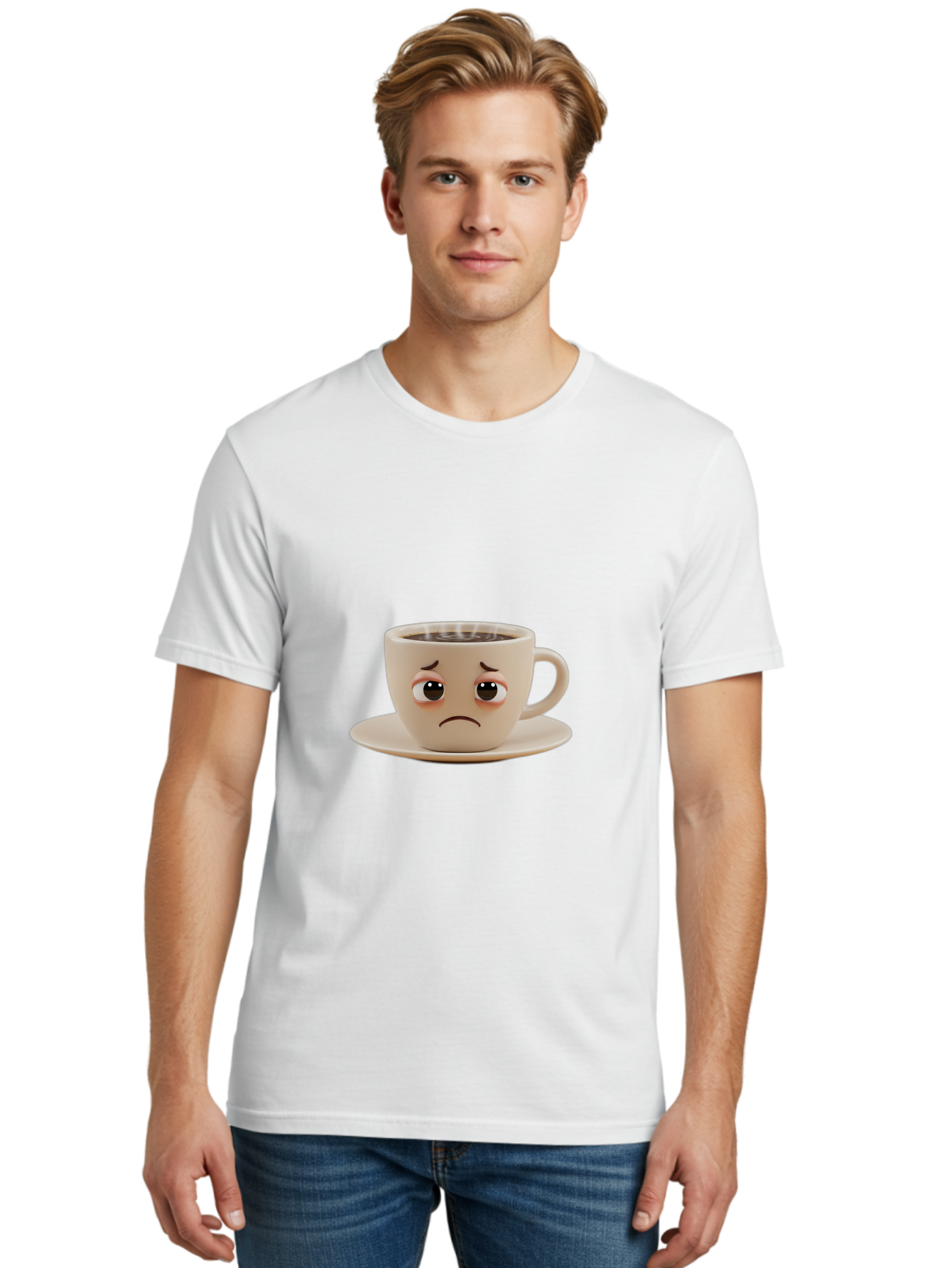 Sad-Coffee-Cup-3 Men'S Graphic Tee, 100% Cotton, Comfortable Casual Summer Wear, Machine Washable, Sad Coffee Cup, Frowning Face, Coffee Break, Unhappy Mood, Cartoon Character, Cute Design, Coffee Lover, Emotional Expression, Bae732