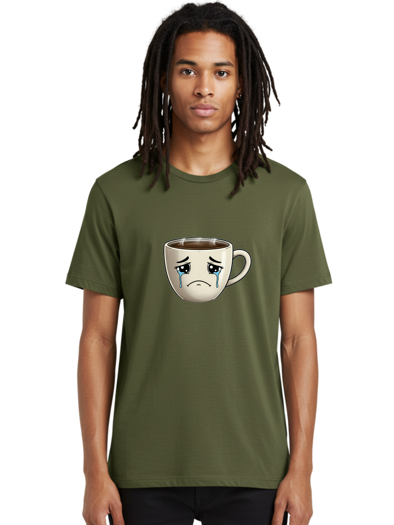 Sad-Coffee-Cup Men'S Graphic Tee, 100% Cotton, Comfortable Casual Summer Wear, Machine Washable, Sad Coffee Cup, Crying Face, Dark Coffee, Steaming Hot, Emotional Expression, Coffee Culture, Sad Face Cartoon, Morning Coffee, Coffee Break Bae733