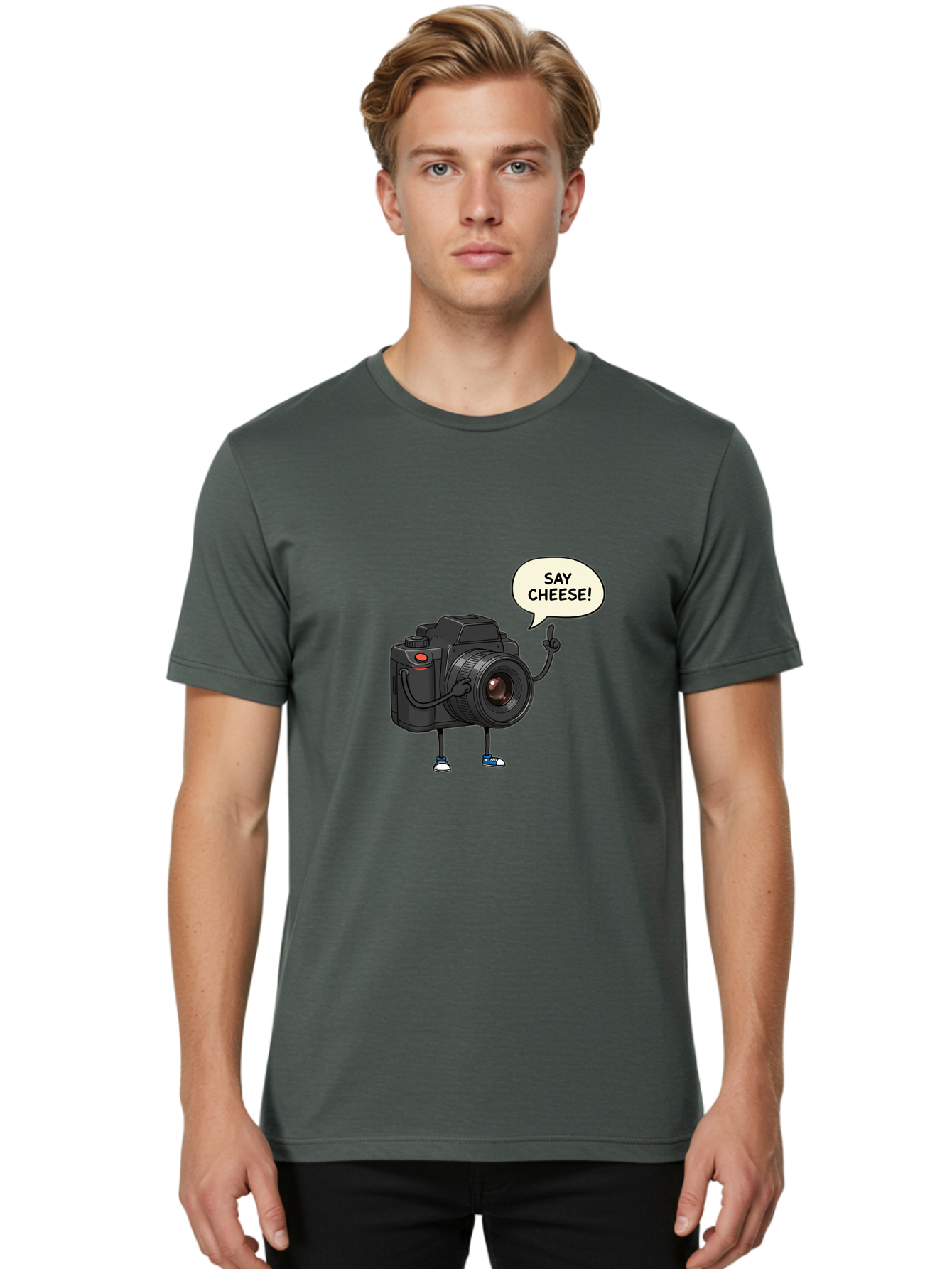 Say-Cheese Men'S Graphic Tee, 100% Cotton, Comfortable Casual Summer Wear, Machine Washable, Cartoon Camera, Funny Character, Photography Humor, Say Cheese!, Camera Character, Comedic Photography, Digital Illustration, Bae734
