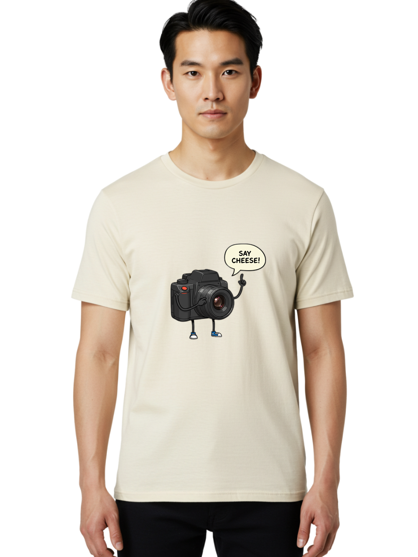 Say-Cheese Men'S Graphic Tee, 100% Cotton, Comfortable Casual Summer Wear, Machine Washable, Cartoon Camera, Funny Character, Photography Humor, Say Cheese!, Camera Character, Comedic Photography, Digital Illustration, Bae734