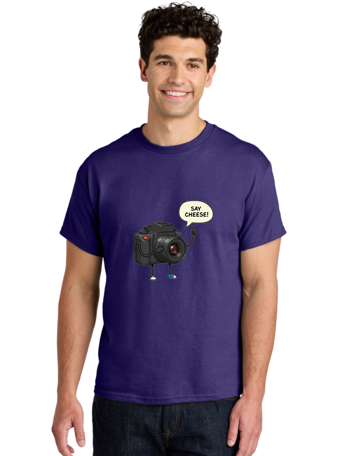 Say-Cheese Men'S Graphic Tee, 100% Cotton, Comfortable Casual Summer Wear, Machine Washable, Cartoon Camera, Funny Character, Photography Humor, Say Cheese!, Camera Character, Comedic Photography, Digital Illustration, Bae734