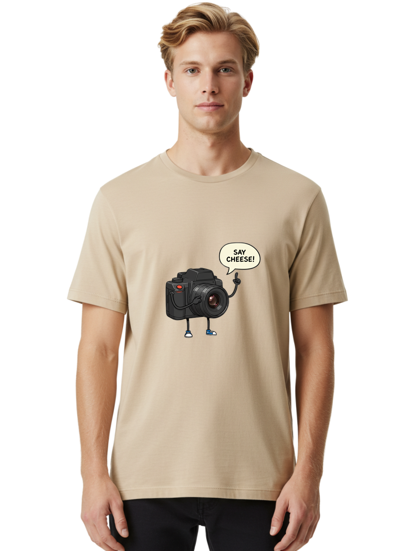 Say-Cheese Men'S Graphic Tee, 100% Cotton, Comfortable Casual Summer Wear, Machine Washable, Cartoon Camera, Funny Character, Photography Humor, Say Cheese!, Camera Character, Comedic Photography, Digital Illustration, Bae734