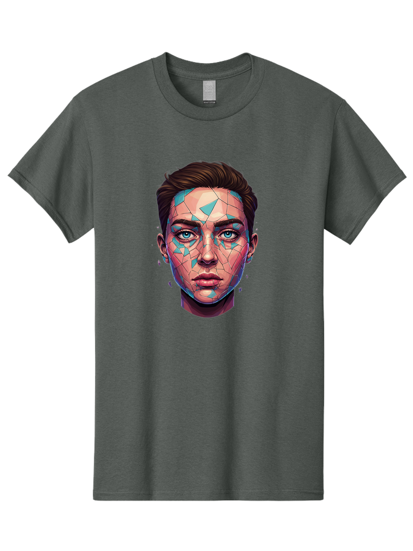 Shards-Portrait Men'S Graphic Tee, 100% Cotton, Comfortable Casual Summer Wear, Machine Washable, Shattered Face, Broken Glass, Blue Shards, Fragmented Identity, Abstract Art, Surrealism, Vibrant Colors, Emotional Distress, Mental Health Bae735