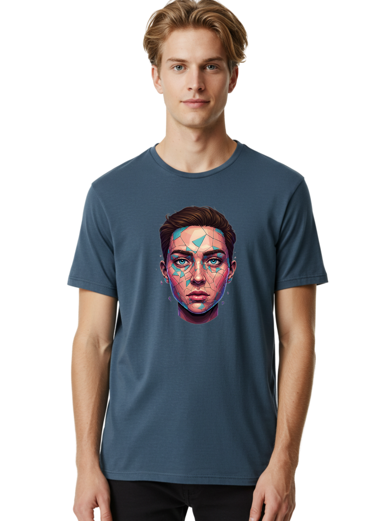 Shards-Portrait Men'S Graphic Tee, 100% Cotton, Comfortable Casual Summer Wear, Machine Washable, Shattered Face, Broken Glass, Blue Shards, Fragmented Identity, Abstract Art, Surrealism, Vibrant Colors, Emotional Distress, Mental Health Bae735