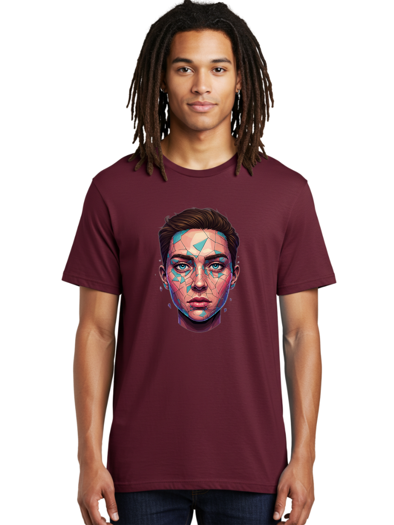 Shards-Portrait Men'S Graphic Tee, 100% Cotton, Comfortable Casual Summer Wear, Machine Washable, Shattered Face, Broken Glass, Blue Shards, Fragmented Identity, Abstract Art, Surrealism, Vibrant Colors, Emotional Distress, Mental Health Bae735