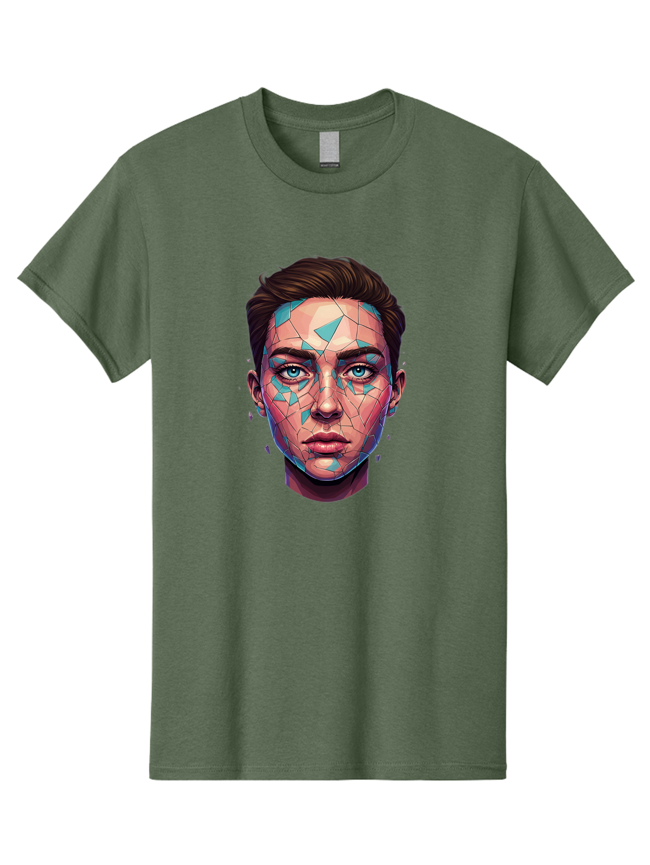 Shards-Portrait Men'S Graphic Tee, 100% Cotton, Comfortable Casual Summer Wear, Machine Washable, Shattered Face, Broken Glass, Blue Shards, Fragmented Identity, Abstract Art, Surrealism, Vibrant Colors, Emotional Distress, Mental Health Bae735