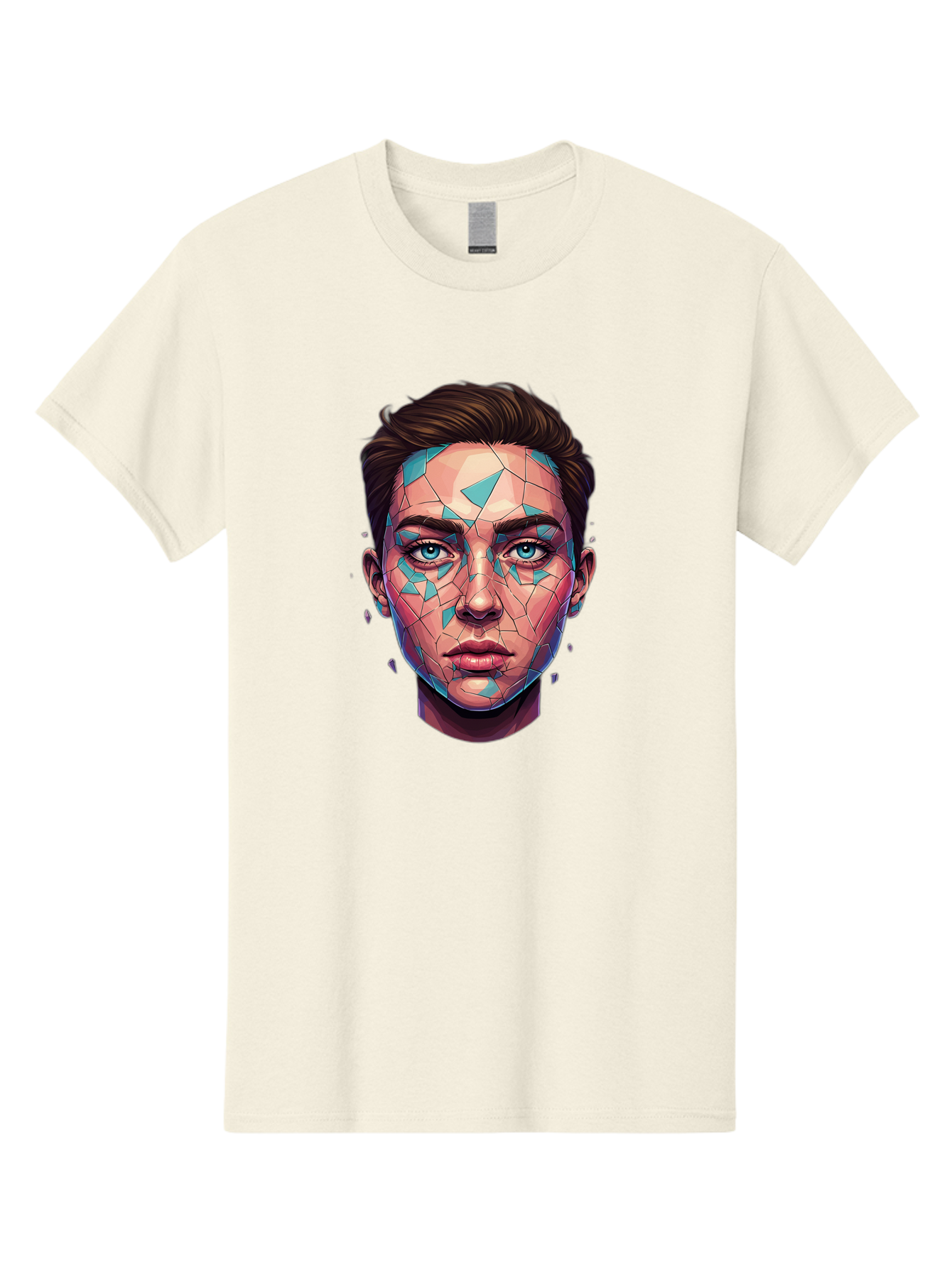 Shards-Portrait Men'S Graphic Tee, 100% Cotton, Comfortable Casual Summer Wear, Machine Washable, Shattered Face, Broken Glass, Blue Shards, Fragmented Identity, Abstract Art, Surrealism, Vibrant Colors, Emotional Distress, Mental Health Bae735