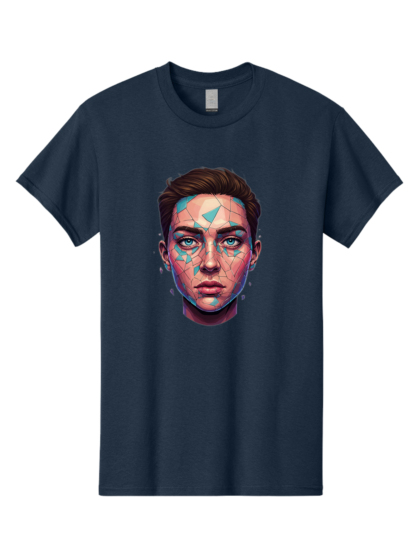 Shards-Portrait Men'S Graphic Tee, 100% Cotton, Comfortable Casual Summer Wear, Machine Washable, Shattered Face, Broken Glass, Blue Shards, Fragmented Identity, Abstract Art, Surrealism, Vibrant Colors, Emotional Distress, Mental Health Bae735