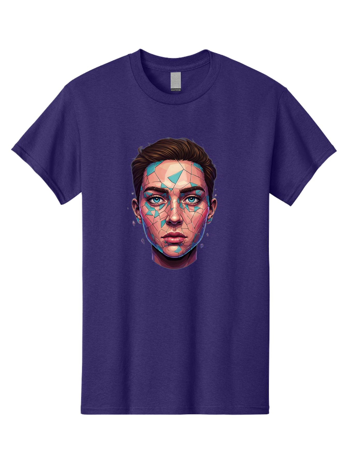 Shards-Portrait Men'S Graphic Tee, 100% Cotton, Comfortable Casual Summer Wear, Machine Washable, Shattered Face, Broken Glass, Blue Shards, Fragmented Identity, Abstract Art, Surrealism, Vibrant Colors, Emotional Distress, Mental Health Bae735