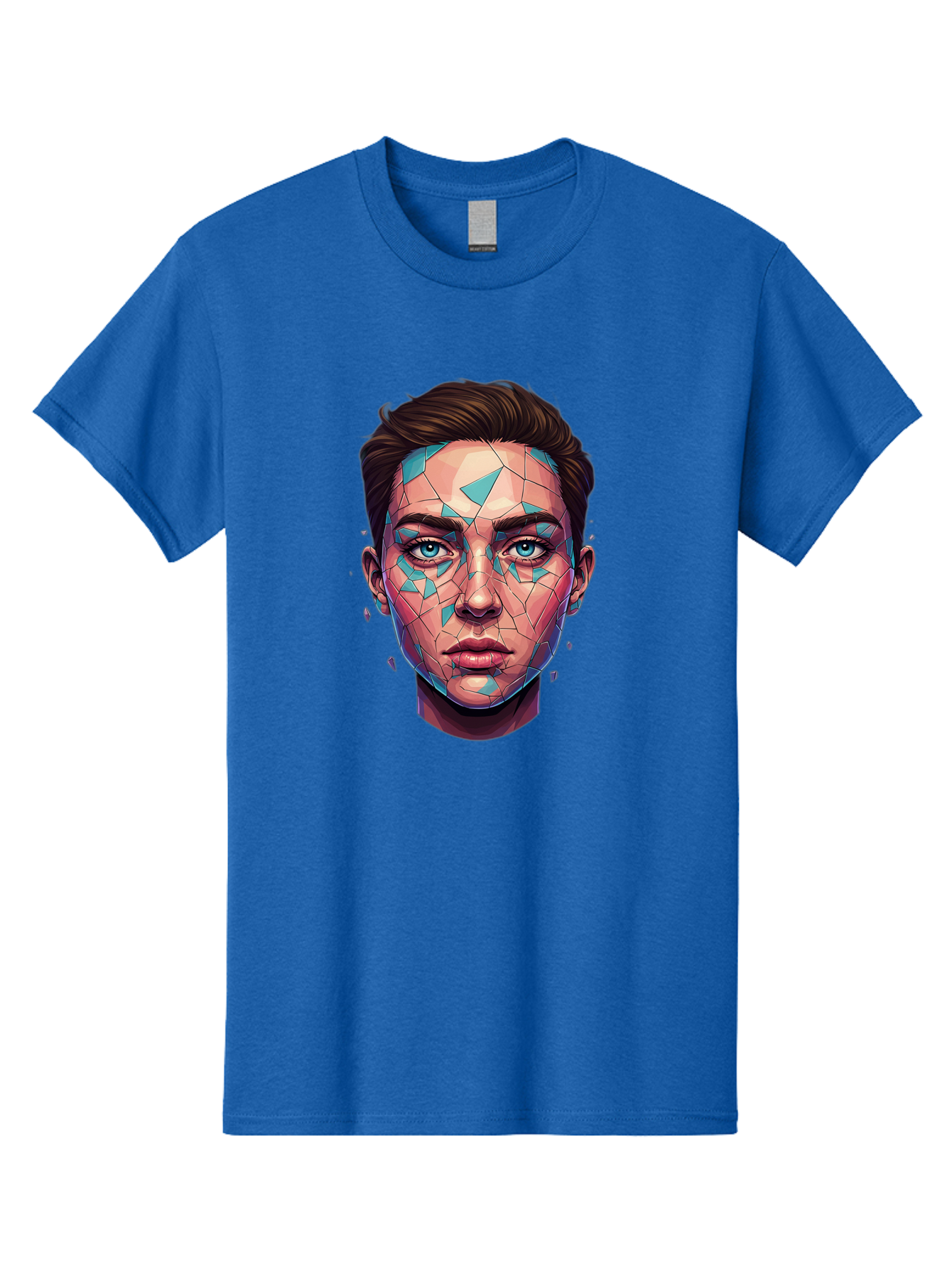 Shards-Portrait Men'S Graphic Tee, 100% Cotton, Comfortable Casual Summer Wear, Machine Washable, Shattered Face, Broken Glass, Blue Shards, Fragmented Identity, Abstract Art, Surrealism, Vibrant Colors, Emotional Distress, Mental Health Bae735