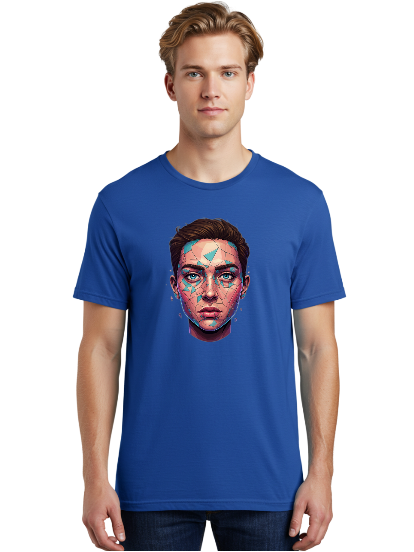 Shards-Portrait Men'S Graphic Tee, 100% Cotton, Comfortable Casual Summer Wear, Machine Washable, Shattered Face, Broken Glass, Blue Shards, Fragmented Identity, Abstract Art, Surrealism, Vibrant Colors, Emotional Distress, Mental Health Bae735
