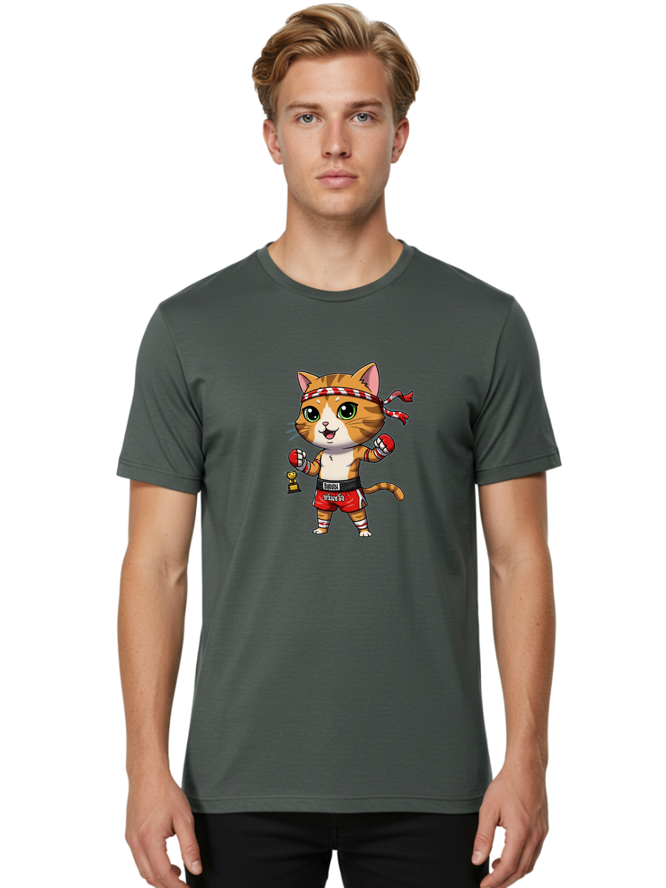 Siamese-Cat Men'S Graphic Tee, 100% Cotton, Comfortable Casual Summer Wear, Machine Washable, Boxing Cat, Cartoon Character, Martial Arts, Funny Animal, Red Boxing Gloves, Dilon Text, Black Belt, Playful Kitty, Adorable Feline, Cartoon Humor Bae736
