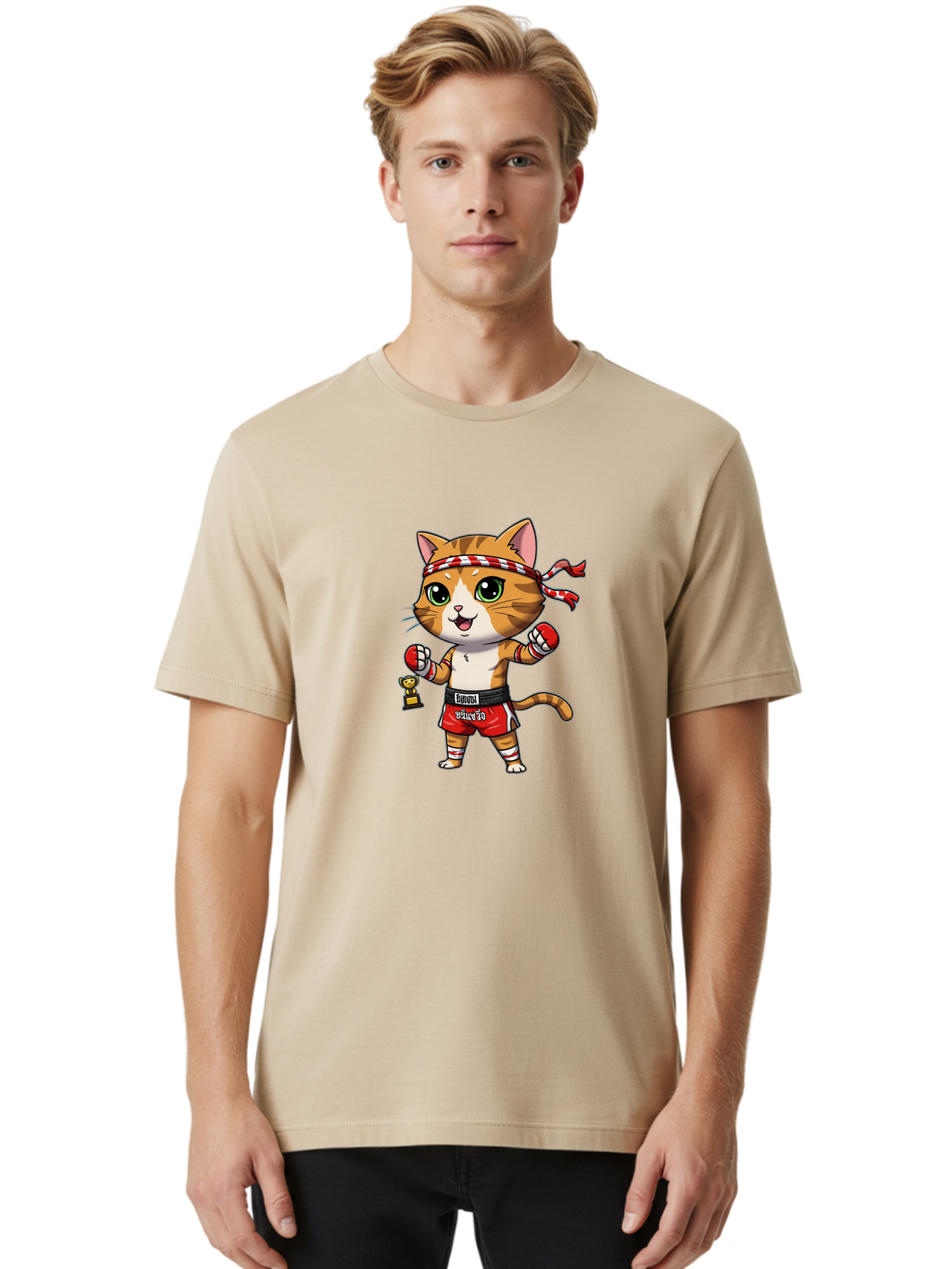 Siamese-Cat Men'S Graphic Tee, 100% Cotton, Comfortable Casual Summer Wear, Machine Washable, Boxing Cat, Cartoon Character, Martial Arts, Funny Animal, Red Boxing Gloves, Dilon Text, Black Belt, Playful Kitty, Adorable Feline, Cartoon Humor Bae736