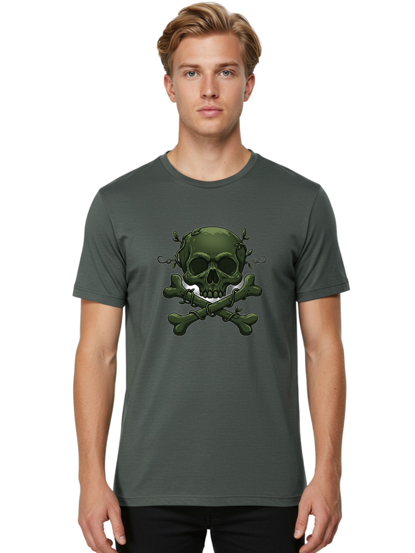 Skull-And-Crossbones-1 Men'S Graphic Tee, 100% Cotton, Comfortable Casual Summer Wear, Machine Washable, Skull And Crossbones, Pirate Symbol, Dark Art, Gothic Design, Skull With Vines, Crossbones With Leaves, Edgy Aesthetic, Grunge Style, Bae737