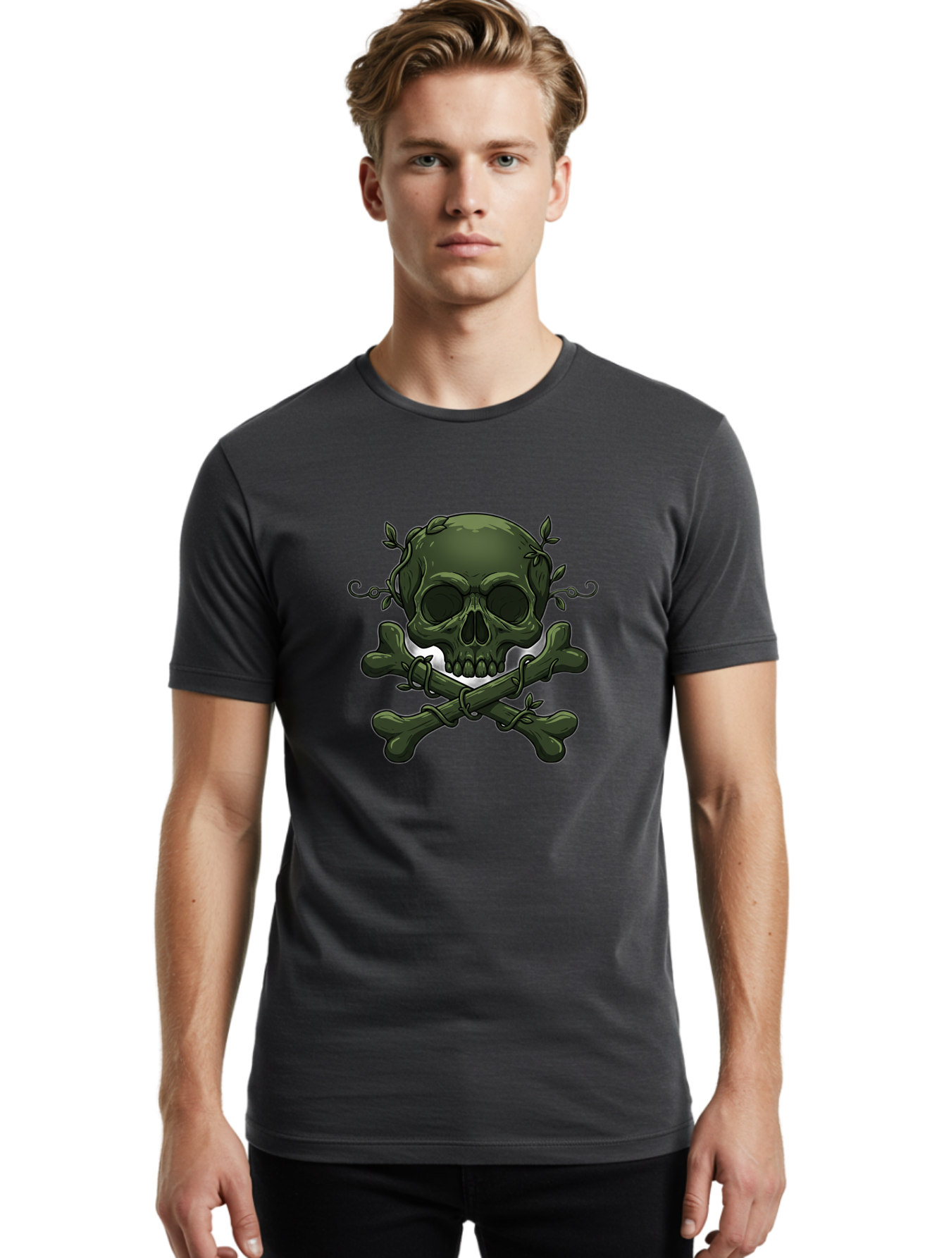 Skull-And-Crossbones-1 Men'S Graphic Tee, 100% Cotton, Comfortable Casual Summer Wear, Machine Washable, Skull And Crossbones, Pirate Symbol, Dark Art, Gothic Design, Skull With Vines, Crossbones With Leaves, Edgy Aesthetic, Grunge Style, Bae737