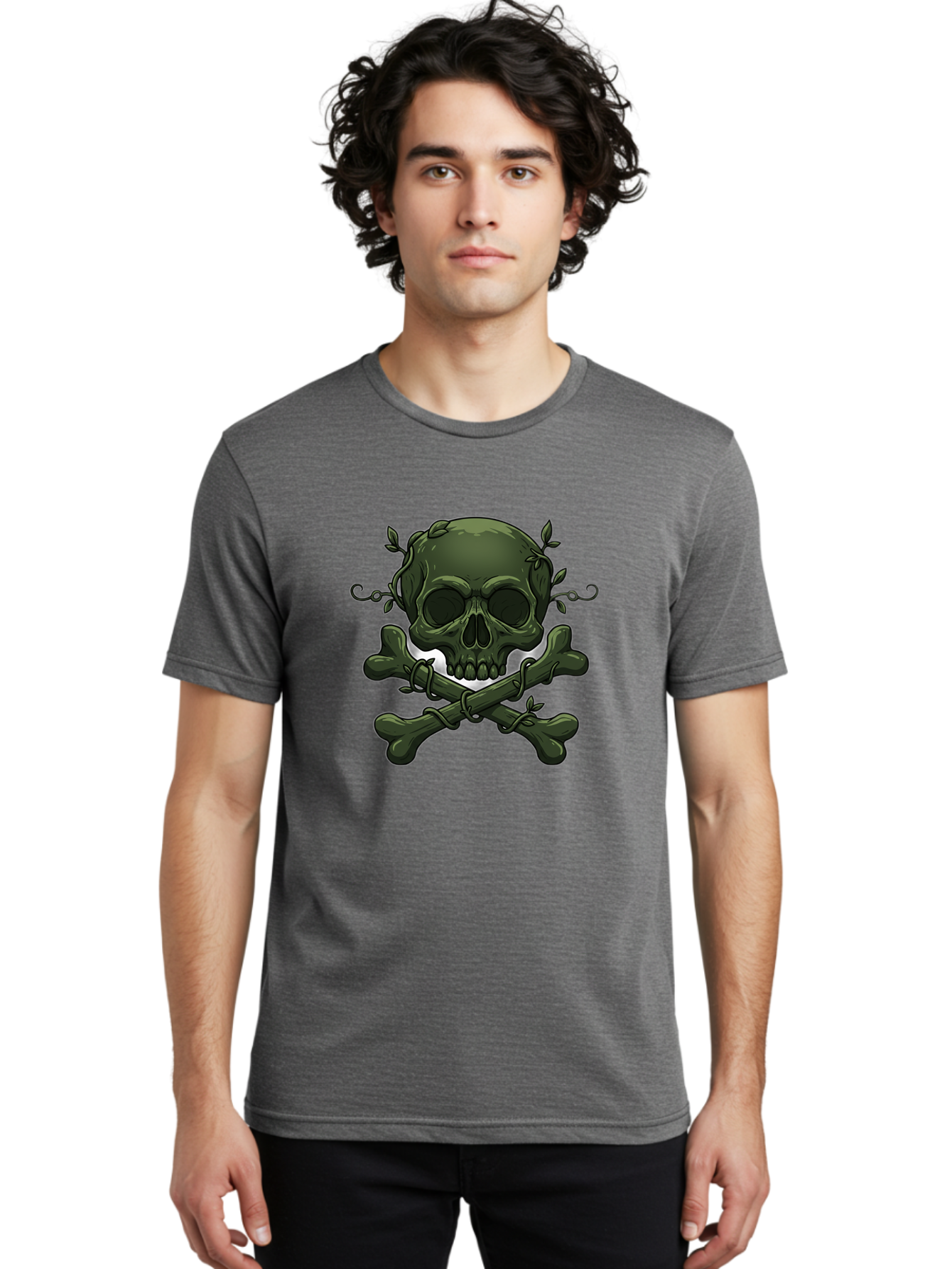Skull-And-Crossbones-1 Men'S Graphic Tee, 100% Cotton, Comfortable Casual Summer Wear, Machine Washable, Skull And Crossbones, Pirate Symbol, Dark Art, Gothic Design, Skull With Vines, Crossbones With Leaves, Edgy Aesthetic, Grunge Style, Bae737