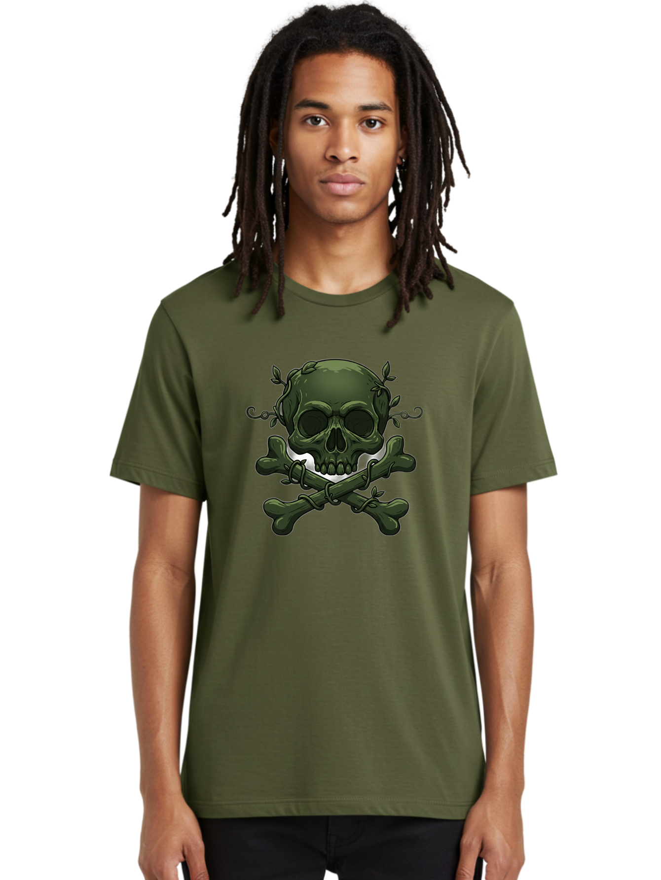 Skull-And-Crossbones-1 Men'S Graphic Tee, 100% Cotton, Comfortable Casual Summer Wear, Machine Washable, Skull And Crossbones, Pirate Symbol, Dark Art, Gothic Design, Skull With Vines, Crossbones With Leaves, Edgy Aesthetic, Grunge Style, Bae737