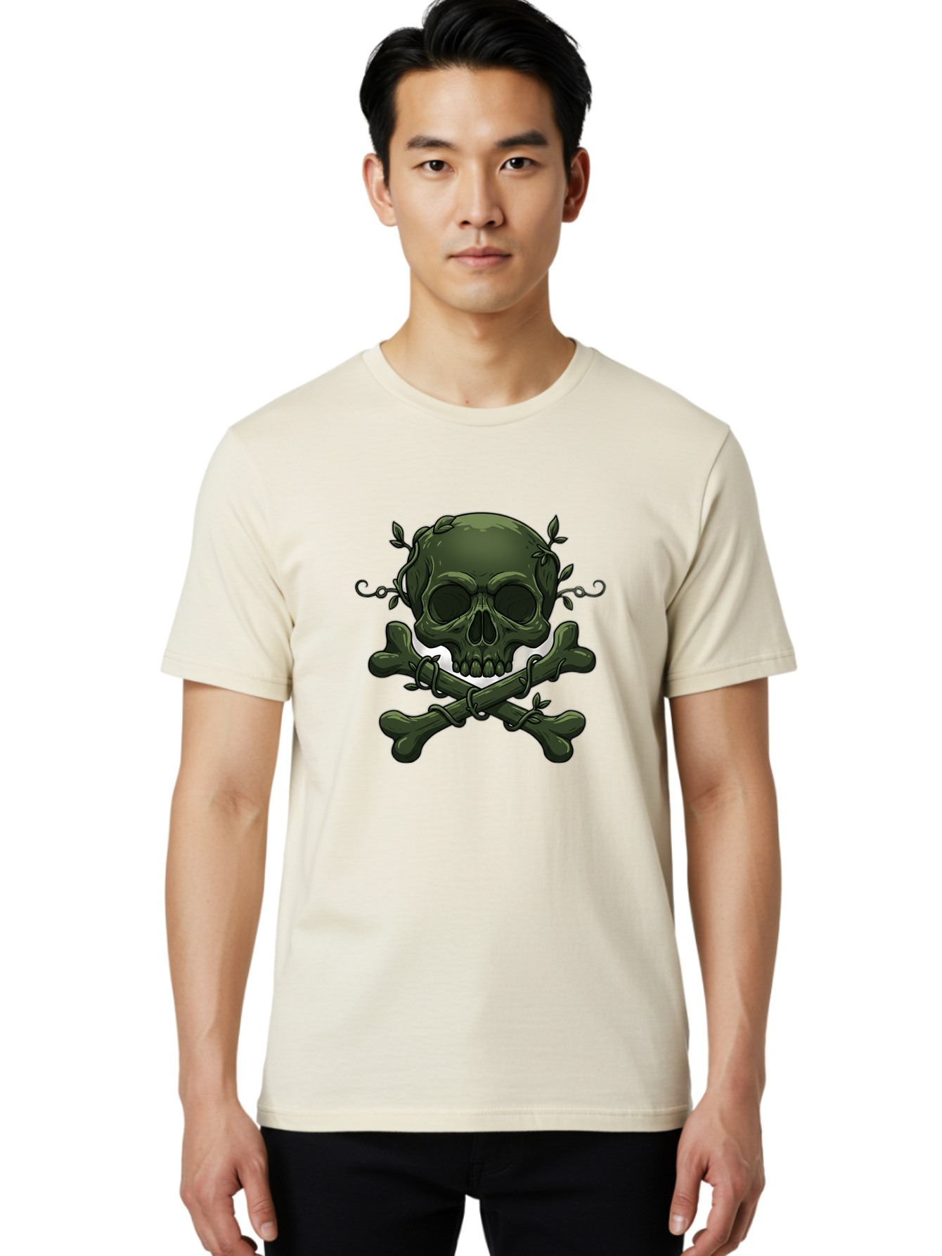 Skull-And-Crossbones-1 Men'S Graphic Tee, 100% Cotton, Comfortable Casual Summer Wear, Machine Washable, Skull And Crossbones, Pirate Symbol, Dark Art, Gothic Design, Skull With Vines, Crossbones With Leaves, Edgy Aesthetic, Grunge Style, Bae737