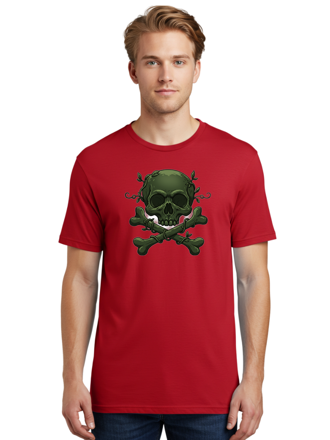 Skull-And-Crossbones-1 Men'S Graphic Tee, 100% Cotton, Comfortable Casual Summer Wear, Machine Washable, Skull And Crossbones, Pirate Symbol, Dark Art, Gothic Design, Skull With Vines, Crossbones With Leaves, Edgy Aesthetic, Grunge Style, Bae737