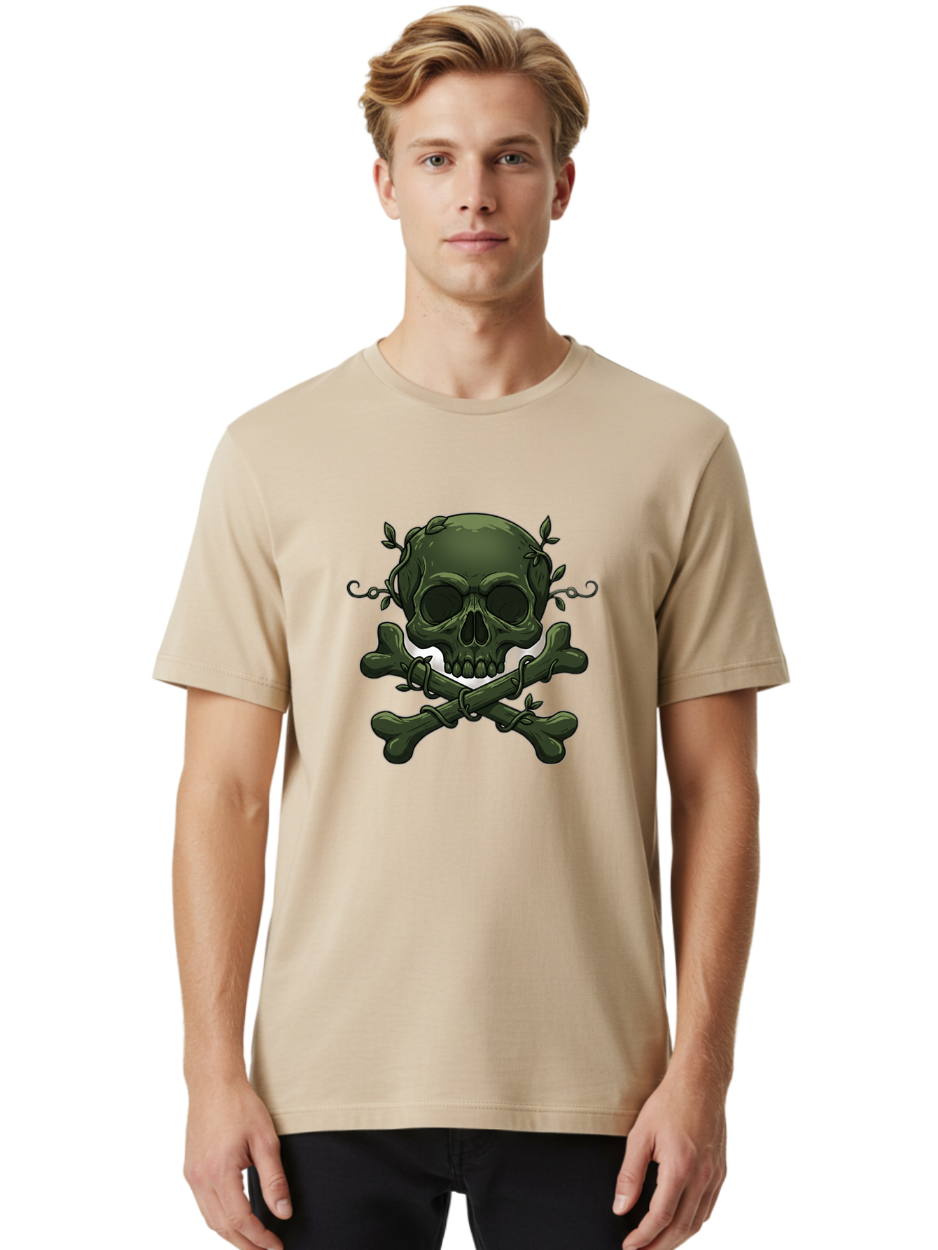 Skull-And-Crossbones-1 Men'S Graphic Tee, 100% Cotton, Comfortable Casual Summer Wear, Machine Washable, Skull And Crossbones, Pirate Symbol, Dark Art, Gothic Design, Skull With Vines, Crossbones With Leaves, Edgy Aesthetic, Grunge Style, Bae737