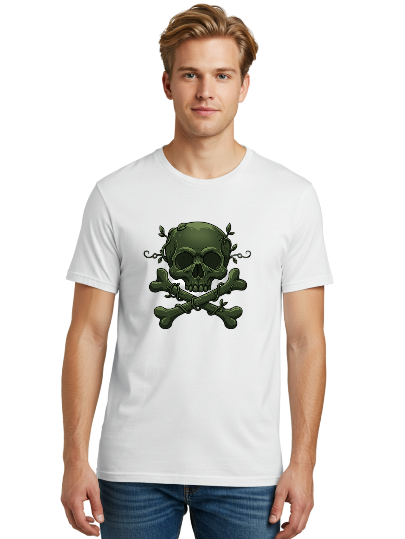 Skull-And-Crossbones-1 Men'S Graphic Tee, 100% Cotton, Comfortable Casual Summer Wear, Machine Washable, Skull And Crossbones, Pirate Symbol, Dark Art, Gothic Design, Skull With Vines, Crossbones With Leaves, Edgy Aesthetic, Grunge Style, Bae737