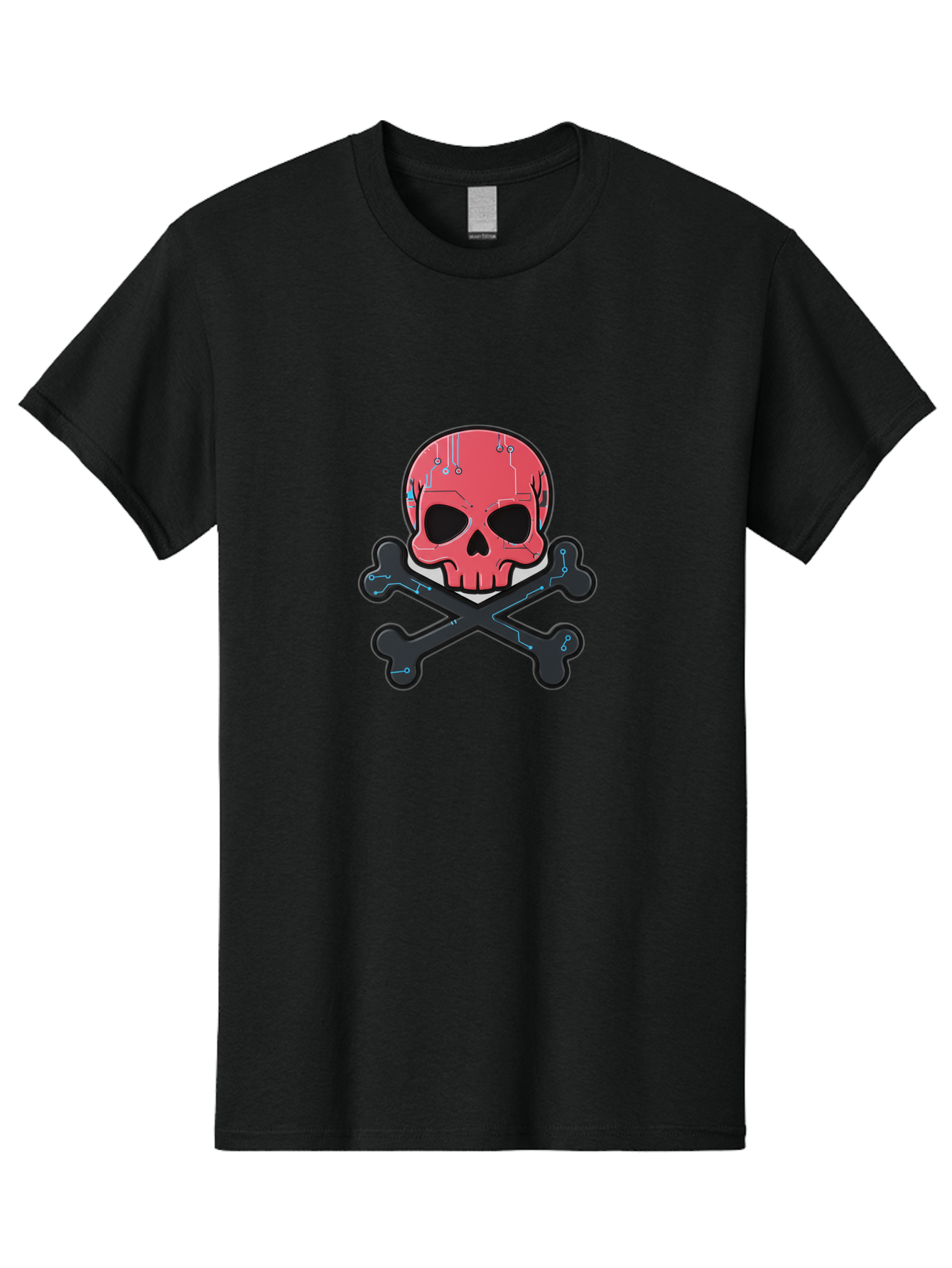 Skull-And-Crossbones-2 Men'S Graphic Tee, 100% Cotton, Comfortable Casual Summer Wear, Machine Washable, Futuristic Skull, Crossbones, Cyberpunk Design, Electronic Circuits, Red Skull, Black Bones, Sci-Fi Elements, Tech-Inspired Art, Bae738