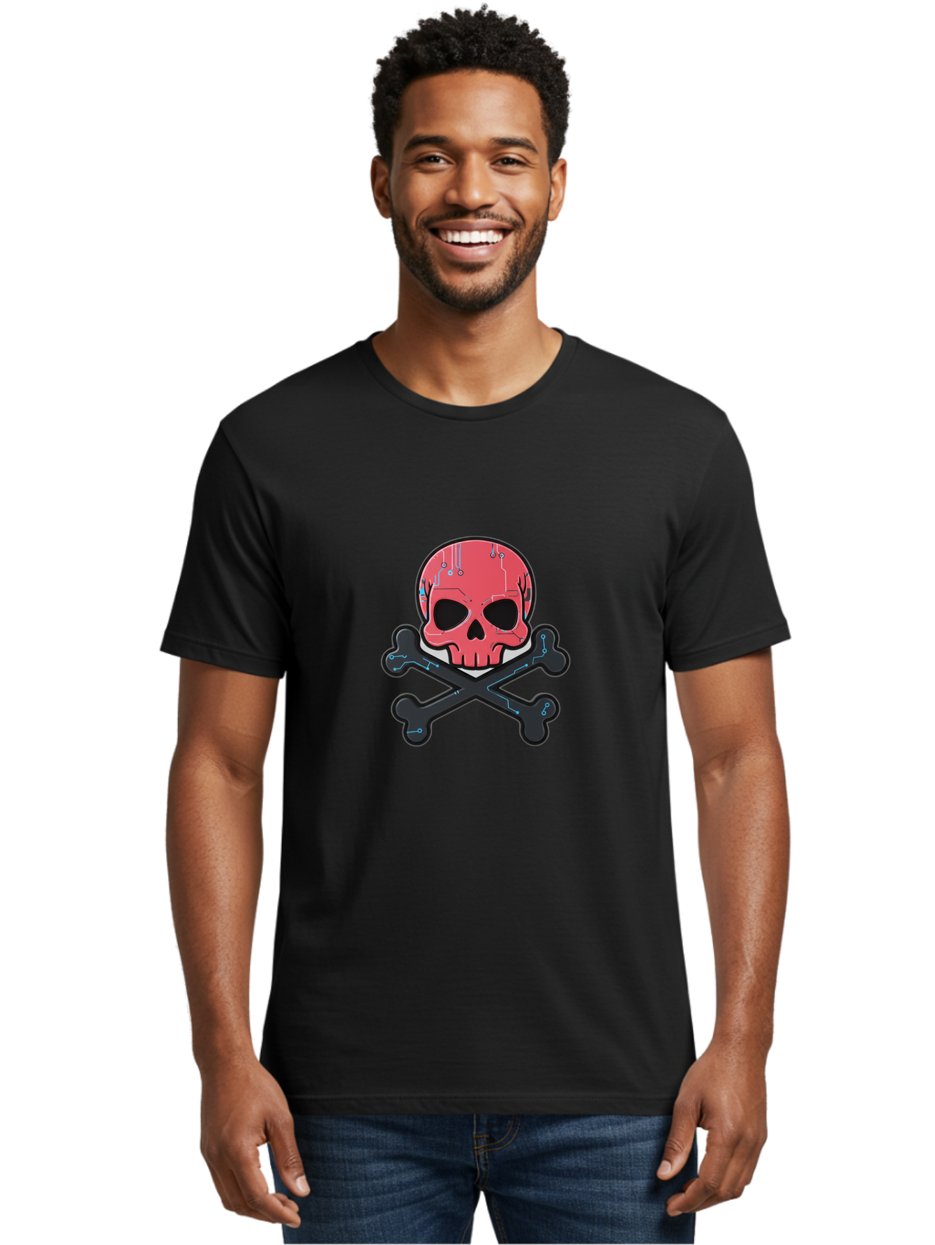 Skull-And-Crossbones-2 Men'S Graphic Tee, 100% Cotton, Comfortable Casual Summer Wear, Machine Washable, Futuristic Skull, Crossbones, Cyberpunk Design, Electronic Circuits, Red Skull, Black Bones, Sci-Fi Elements, Tech-Inspired Art, Bae738