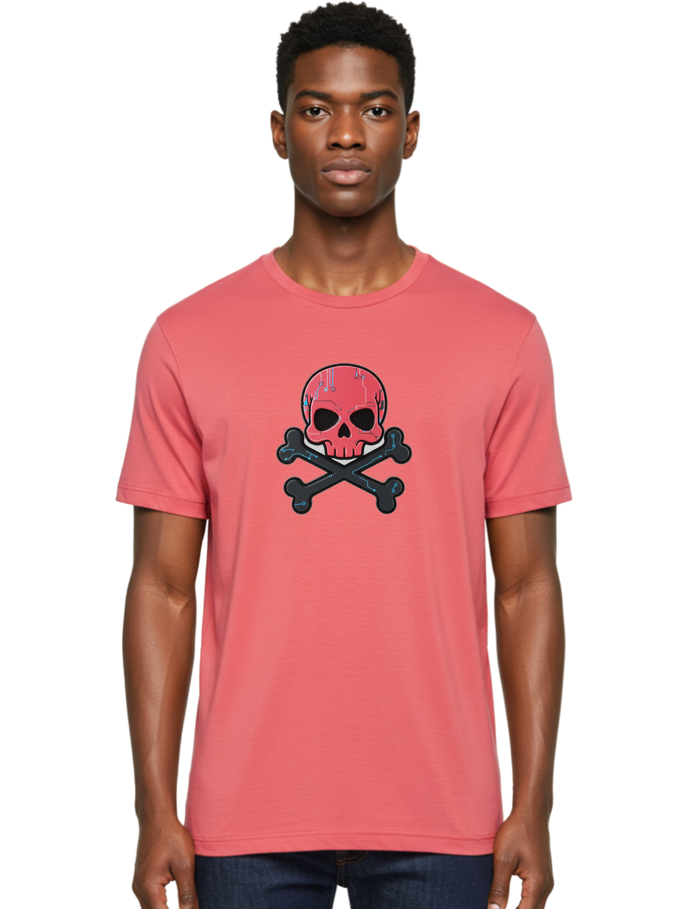 Skull-And-Crossbones-2 Men'S Graphic Tee, 100% Cotton, Comfortable Casual Summer Wear, Machine Washable, Futuristic Skull, Crossbones, Cyberpunk Design, Electronic Circuits, Red Skull, Black Bones, Sci-Fi Elements, Tech-Inspired Art, Bae738