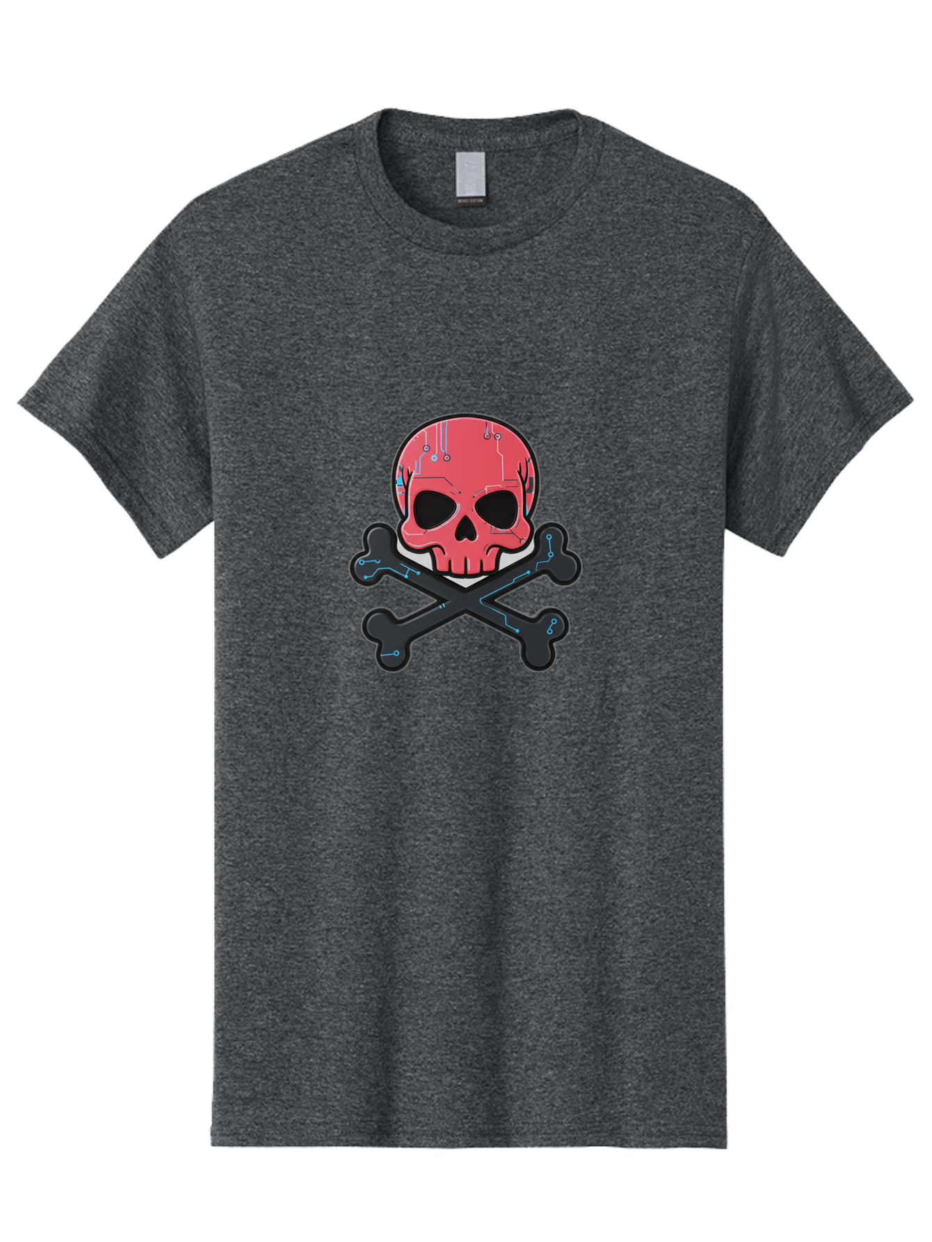 Skull-And-Crossbones-2 Men'S Graphic Tee, 100% Cotton, Comfortable Casual Summer Wear, Machine Washable, Futuristic Skull, Crossbones, Cyberpunk Design, Electronic Circuits, Red Skull, Black Bones, Sci-Fi Elements, Tech-Inspired Art, Bae738