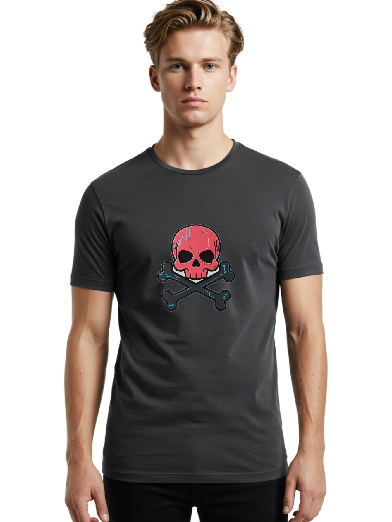 Skull-And-Crossbones-2 Men'S Graphic Tee, 100% Cotton, Comfortable Casual Summer Wear, Machine Washable, Futuristic Skull, Crossbones, Cyberpunk Design, Electronic Circuits, Red Skull, Black Bones, Sci-Fi Elements, Tech-Inspired Art, Bae738