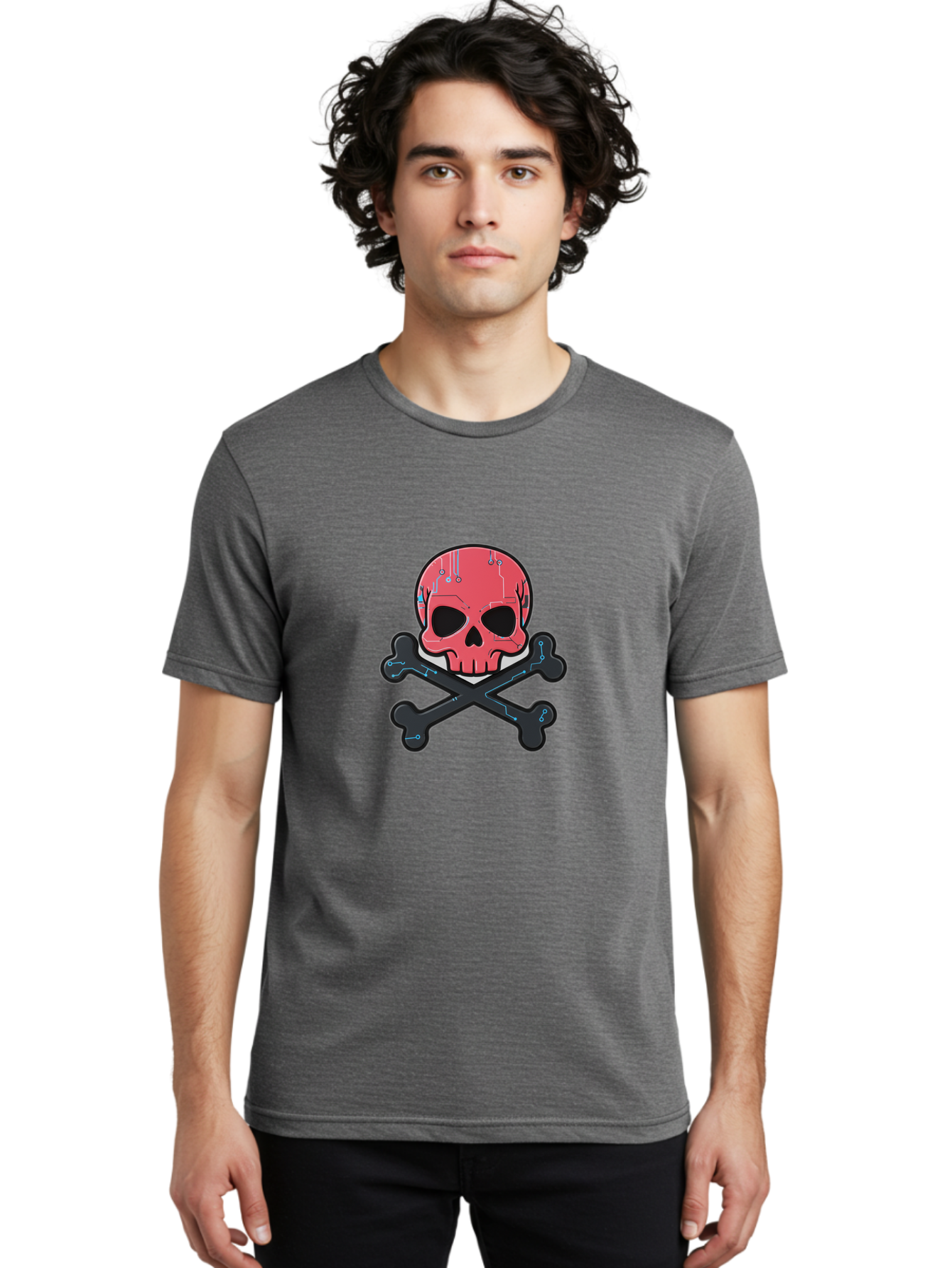 Skull-And-Crossbones-2 Men'S Graphic Tee, 100% Cotton, Comfortable Casual Summer Wear, Machine Washable, Futuristic Skull, Crossbones, Cyberpunk Design, Electronic Circuits, Red Skull, Black Bones, Sci-Fi Elements, Tech-Inspired Art, Bae738