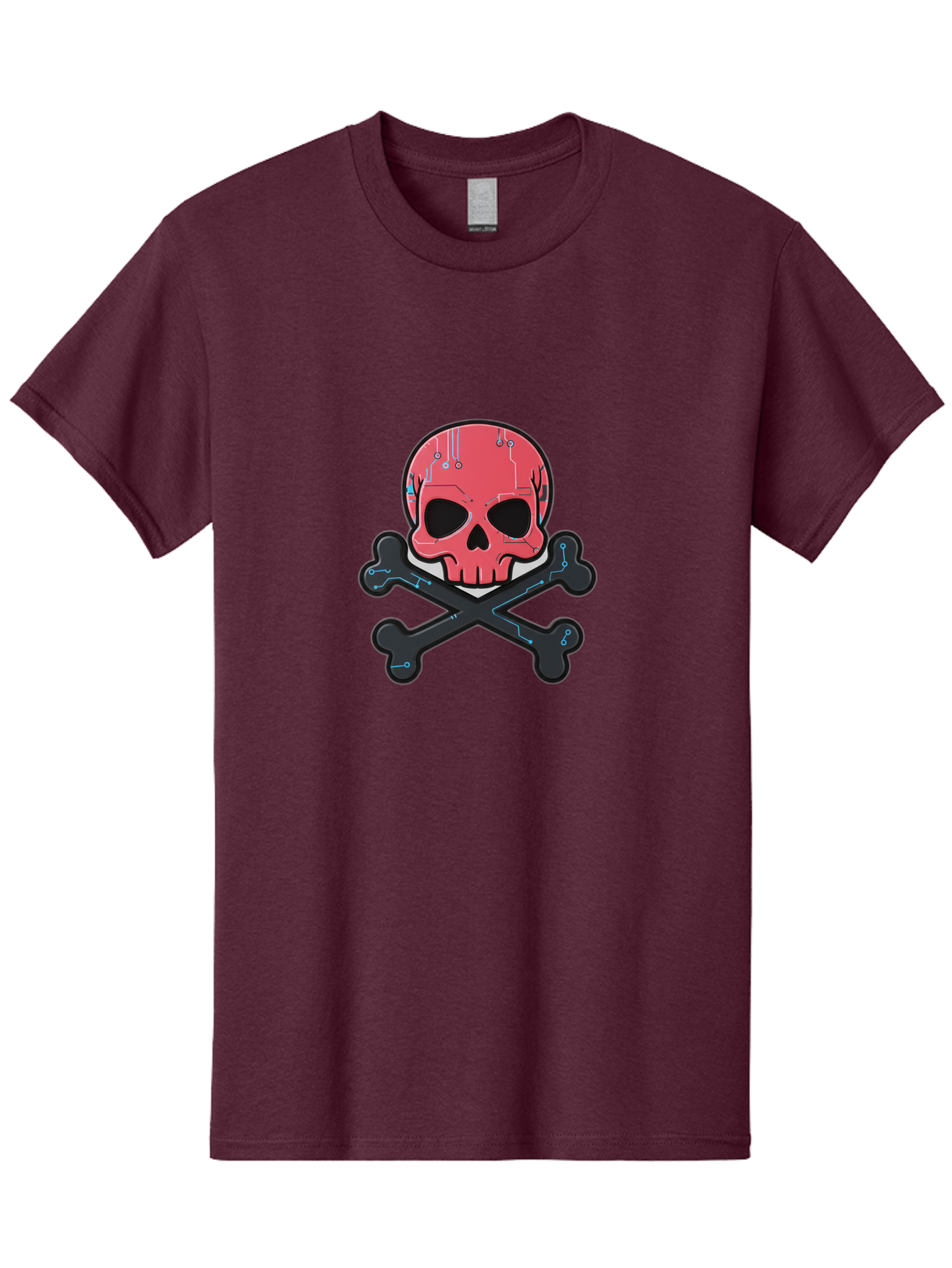 Skull-And-Crossbones-2 Men'S Graphic Tee, 100% Cotton, Comfortable Casual Summer Wear, Machine Washable, Futuristic Skull, Crossbones, Cyberpunk Design, Electronic Circuits, Red Skull, Black Bones, Sci-Fi Elements, Tech-Inspired Art, Bae738