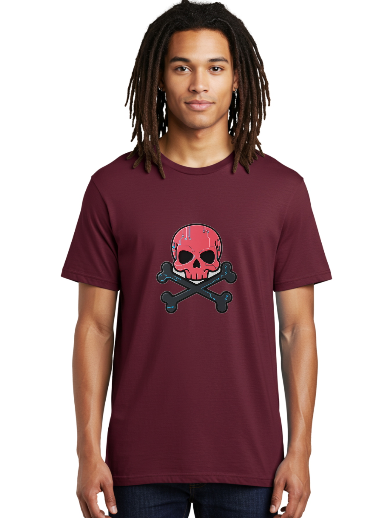 Skull-And-Crossbones-2 Men'S Graphic Tee, 100% Cotton, Comfortable Casual Summer Wear, Machine Washable, Futuristic Skull, Crossbones, Cyberpunk Design, Electronic Circuits, Red Skull, Black Bones, Sci-Fi Elements, Tech-Inspired Art, Bae738