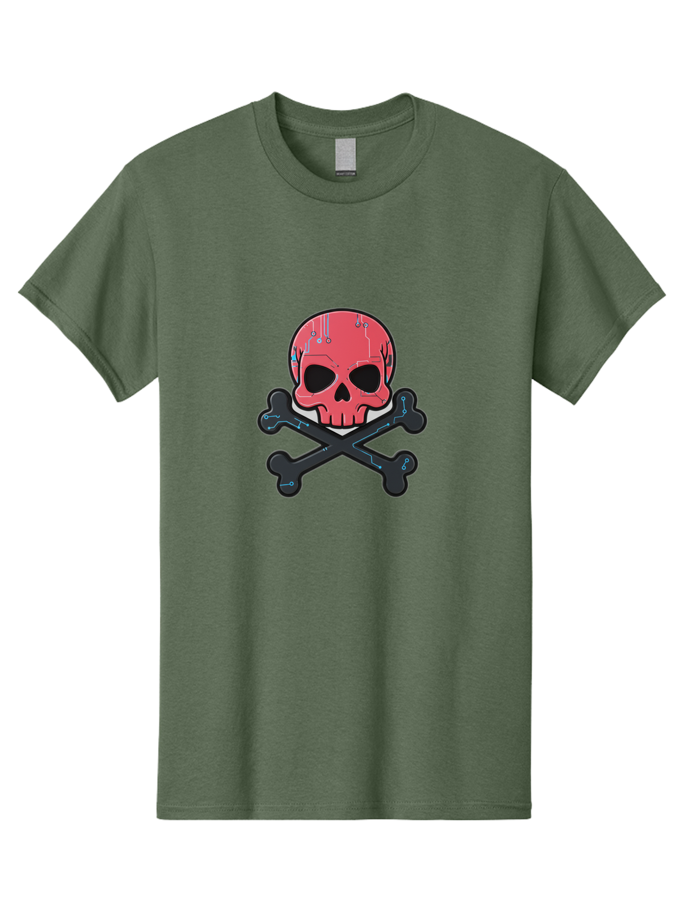 Skull-And-Crossbones-2 Men'S Graphic Tee, 100% Cotton, Comfortable Casual Summer Wear, Machine Washable, Futuristic Skull, Crossbones, Cyberpunk Design, Electronic Circuits, Red Skull, Black Bones, Sci-Fi Elements, Tech-Inspired Art, Bae738