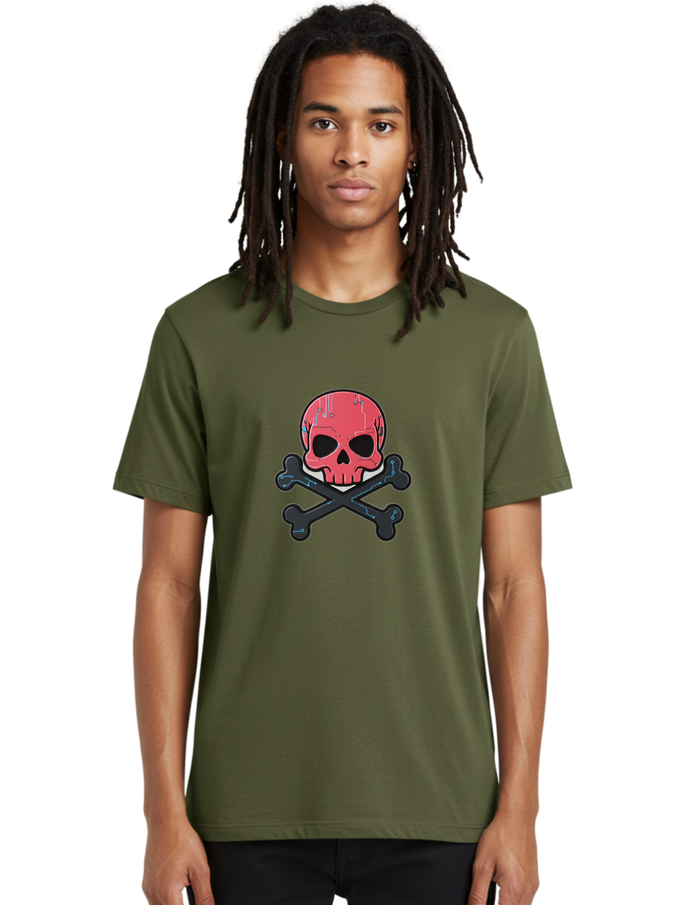 Skull-And-Crossbones-2 Men'S Graphic Tee, 100% Cotton, Comfortable Casual Summer Wear, Machine Washable, Futuristic Skull, Crossbones, Cyberpunk Design, Electronic Circuits, Red Skull, Black Bones, Sci-Fi Elements, Tech-Inspired Art, Bae738
