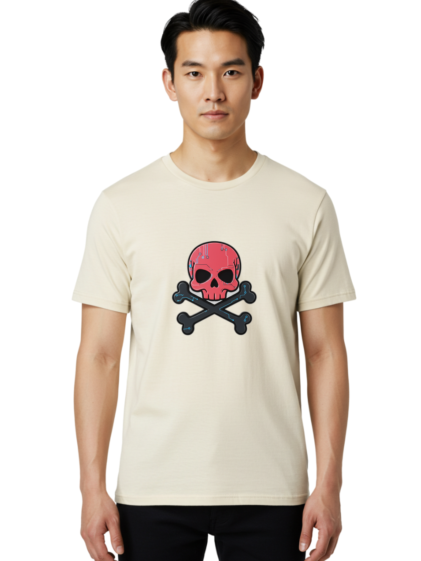 Skull-And-Crossbones-2 Men'S Graphic Tee, 100% Cotton, Comfortable Casual Summer Wear, Machine Washable, Futuristic Skull, Crossbones, Cyberpunk Design, Electronic Circuits, Red Skull, Black Bones, Sci-Fi Elements, Tech-Inspired Art, Bae738