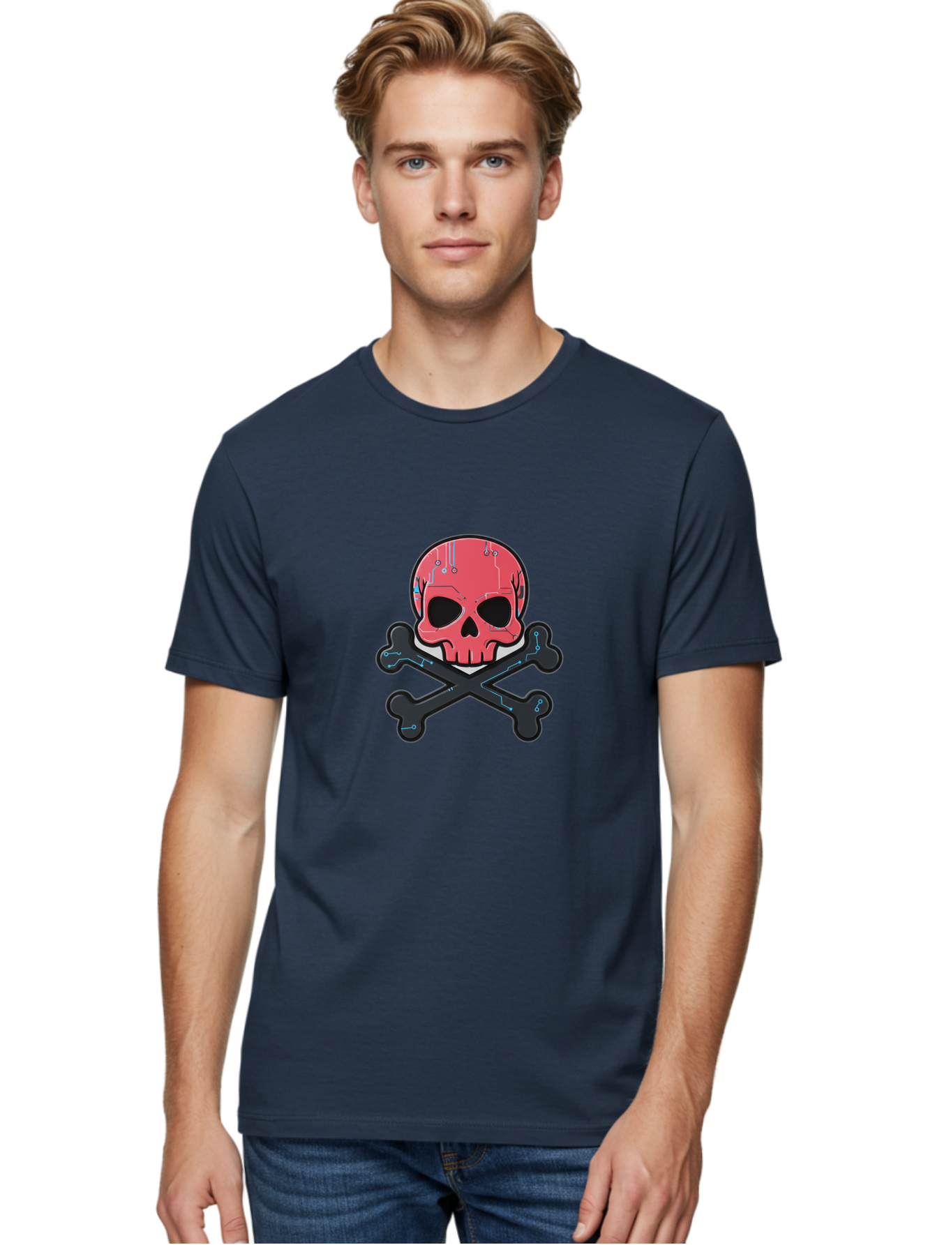 Skull-And-Crossbones-2 Men'S Graphic Tee, 100% Cotton, Comfortable Casual Summer Wear, Machine Washable, Futuristic Skull, Crossbones, Cyberpunk Design, Electronic Circuits, Red Skull, Black Bones, Sci-Fi Elements, Tech-Inspired Art, Bae738