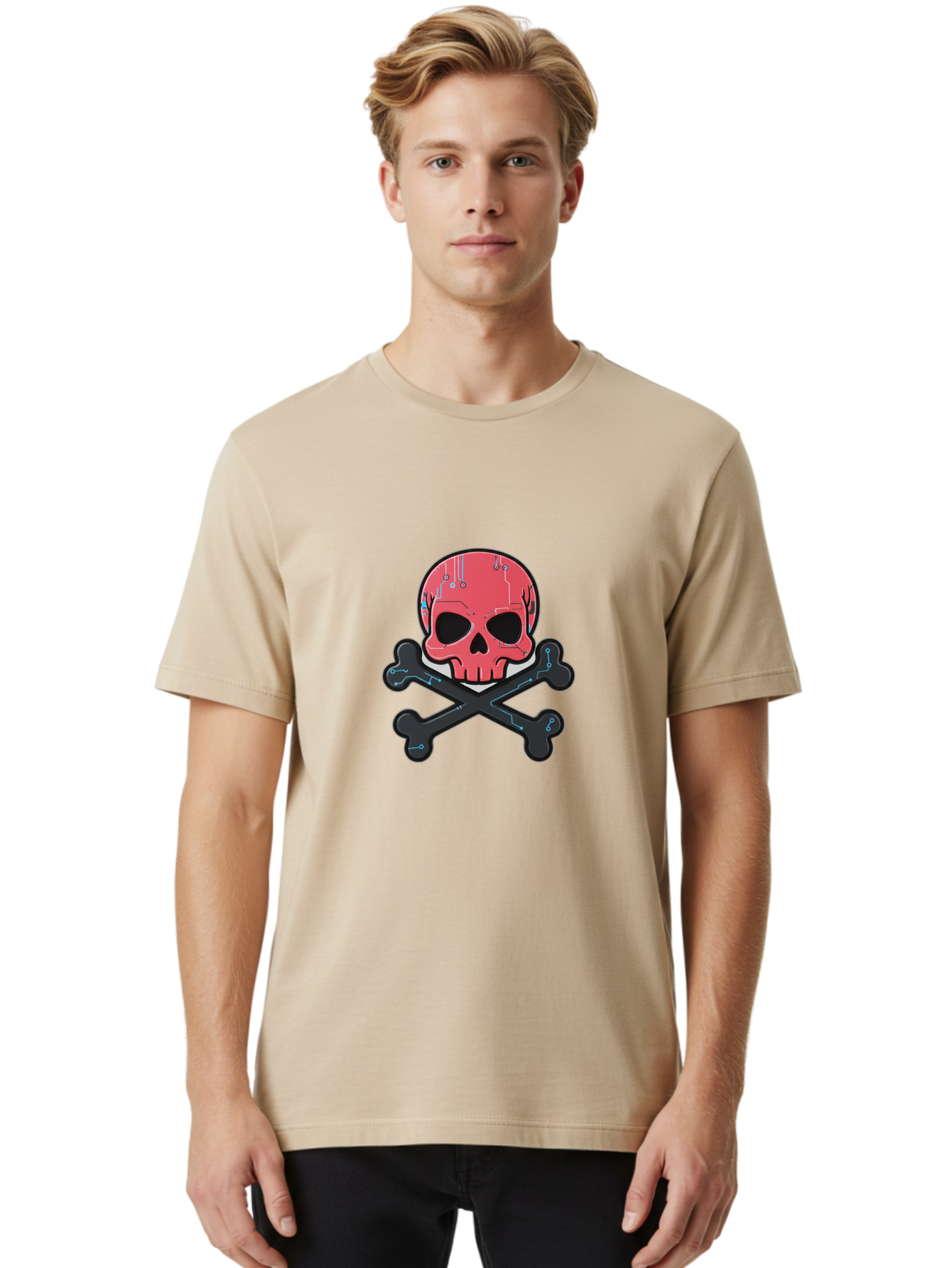Skull-And-Crossbones-2 Men'S Graphic Tee, 100% Cotton, Comfortable Casual Summer Wear, Machine Washable, Futuristic Skull, Crossbones, Cyberpunk Design, Electronic Circuits, Red Skull, Black Bones, Sci-Fi Elements, Tech-Inspired Art, Bae738