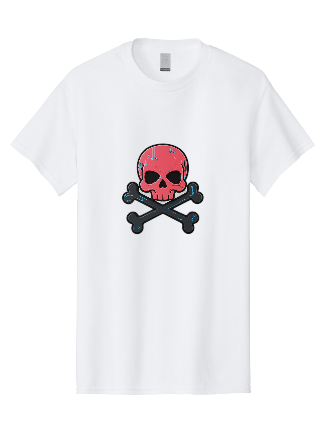Skull-And-Crossbones-2 Men'S Graphic Tee, 100% Cotton, Comfortable Casual Summer Wear, Machine Washable, Futuristic Skull, Crossbones, Cyberpunk Design, Electronic Circuits, Red Skull, Black Bones, Sci-Fi Elements, Tech-Inspired Art, Bae738