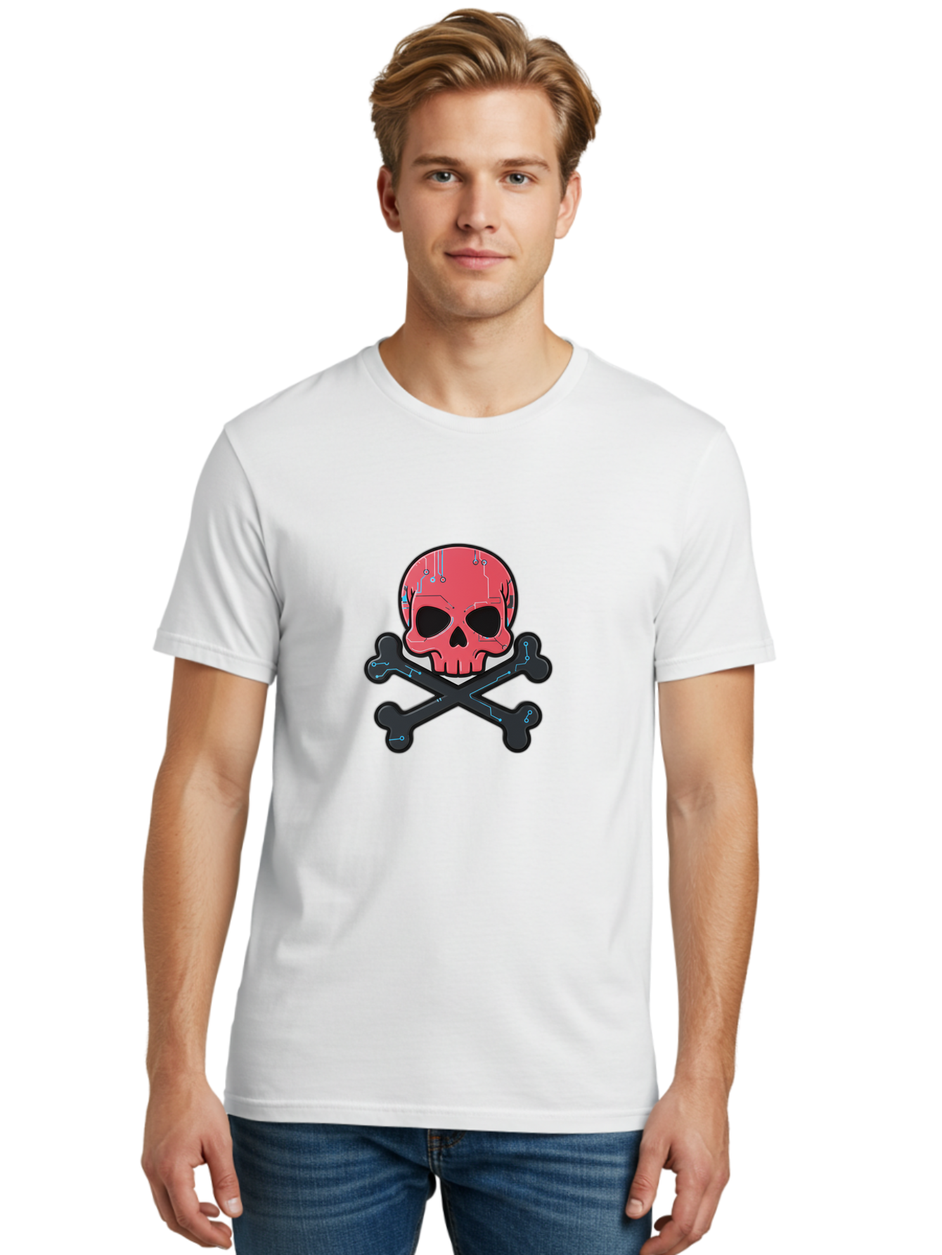 Skull-And-Crossbones-2 Men'S Graphic Tee, 100% Cotton, Comfortable Casual Summer Wear, Machine Washable, Futuristic Skull, Crossbones, Cyberpunk Design, Electronic Circuits, Red Skull, Black Bones, Sci-Fi Elements, Tech-Inspired Art, Bae738