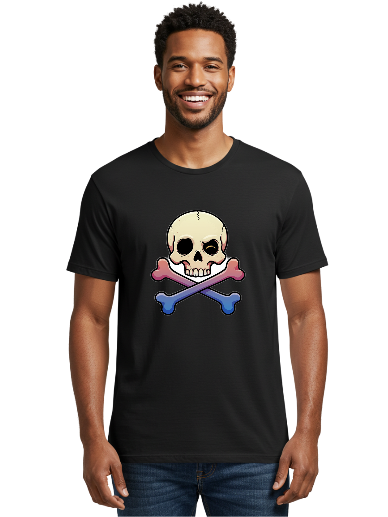 Skull-And-Crossbones Men'S Graphic Tee, 100% Cotton, Comfortable Casual Summer Wear, Machine Washable, Crossed Bones, Human Skull, Poison Symbol, Warning Sign, Cartoon Icon, Grunge Style, Death Symbol, Hazard Warning, Danger Sign, Bae739