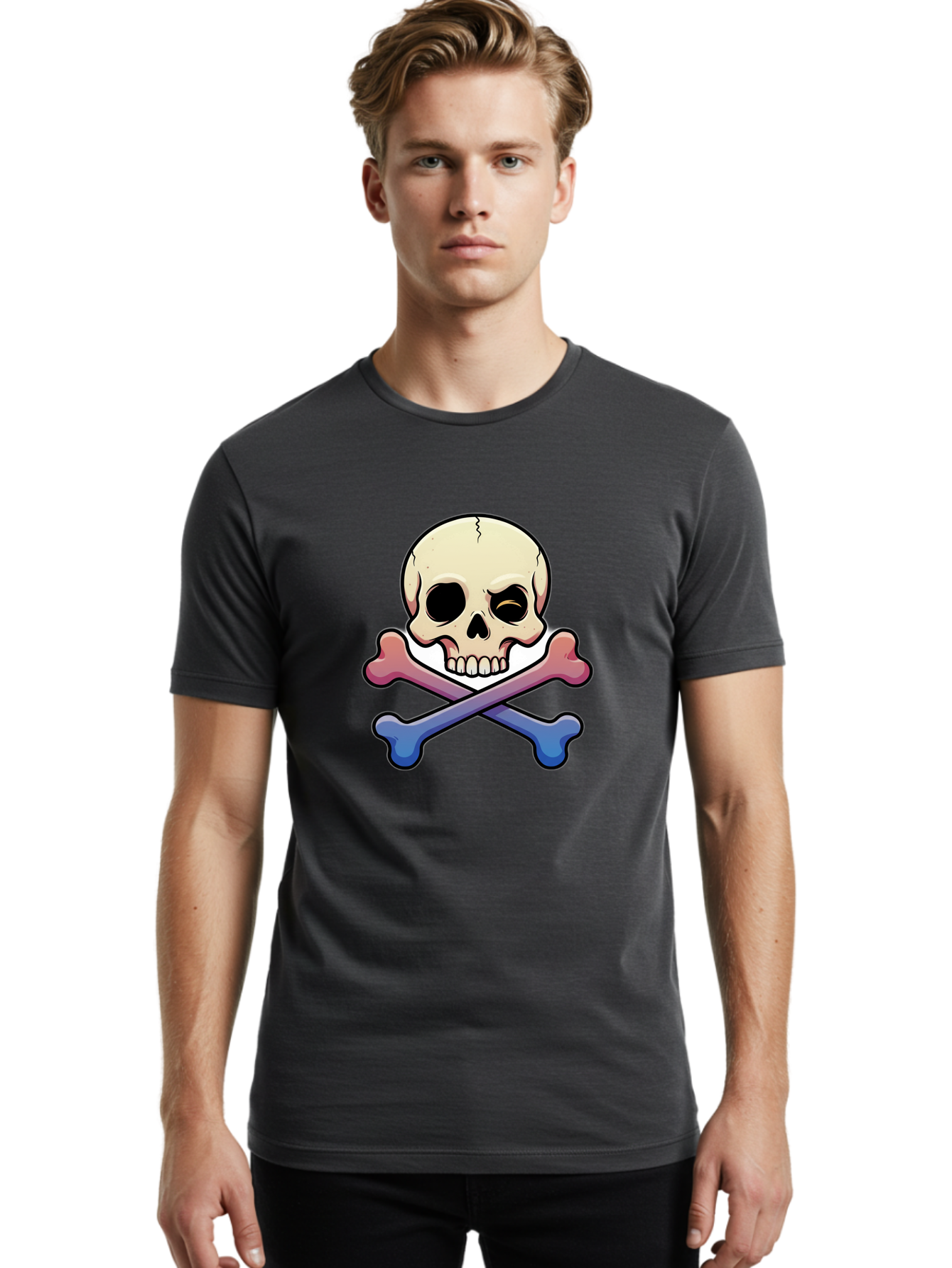 Skull-And-Crossbones Men'S Graphic Tee, 100% Cotton, Comfortable Casual Summer Wear, Machine Washable, Crossed Bones, Human Skull, Poison Symbol, Warning Sign, Cartoon Icon, Grunge Style, Death Symbol, Hazard Warning, Danger Sign, Bae739