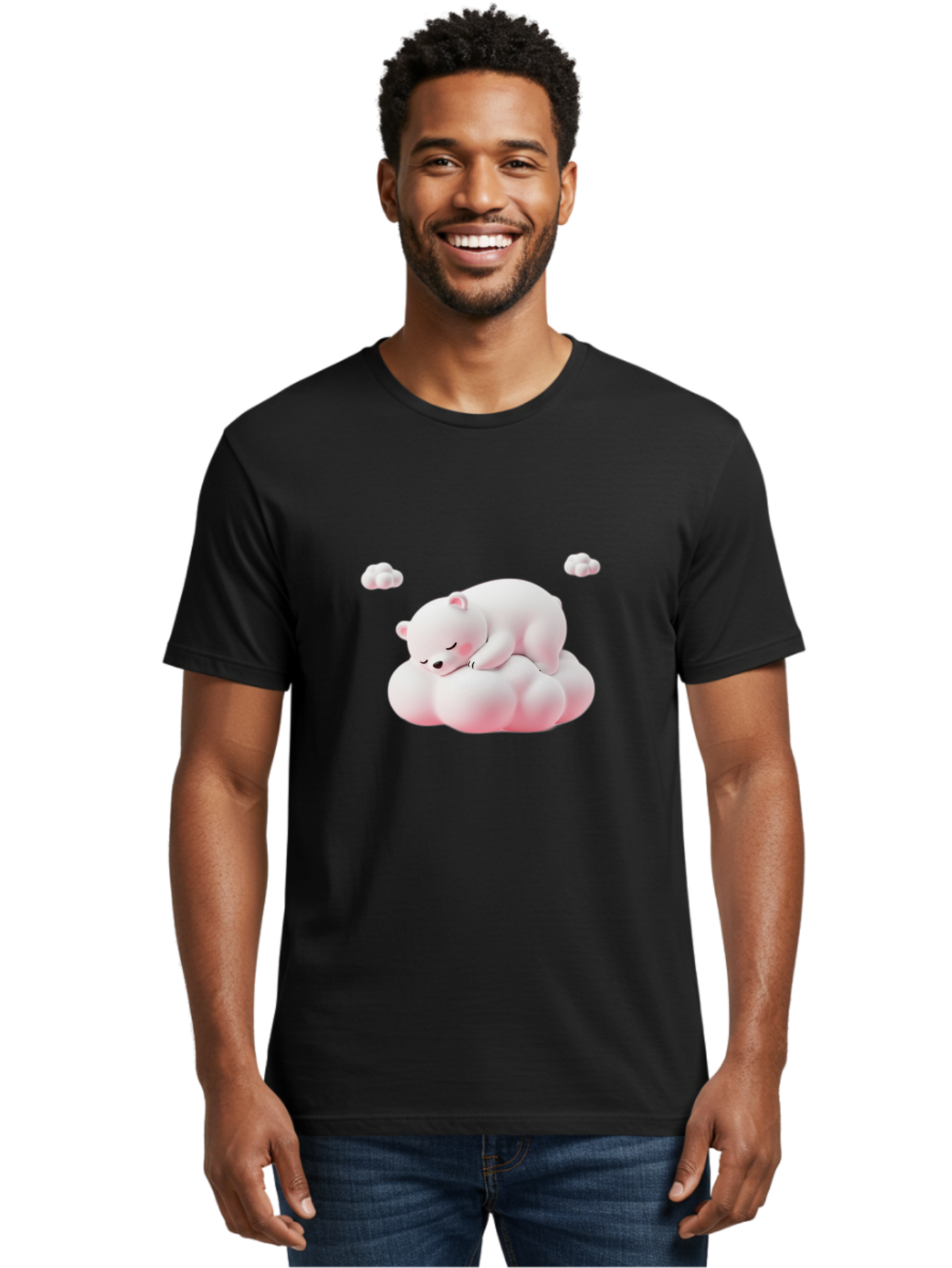 Sleeping-Polar-Bear-1 Men'S Graphic Tee, 100% Cotton, Comfortable Casual Summer Wear, Machine Washable, Sleeping Polar Bear, Cute Cartoon Animal, Peaceful Slumber, Fluffy White Bear, Serene Atmosphere, Adorable Illustration, Soft Pink Clouds, Bae740