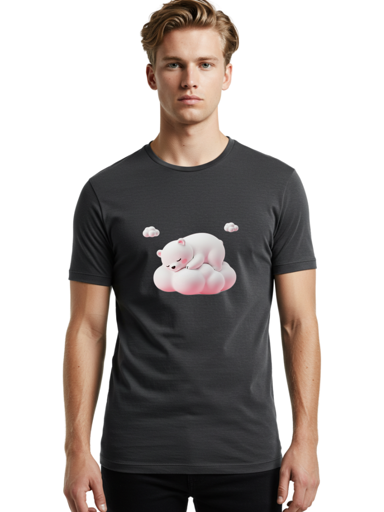 Sleeping-Polar-Bear-1 Men'S Graphic Tee, 100% Cotton, Comfortable Casual Summer Wear, Machine Washable, Sleeping Polar Bear, Cute Cartoon Animal, Peaceful Slumber, Fluffy White Bear, Serene Atmosphere, Adorable Illustration, Soft Pink Clouds, Bae740