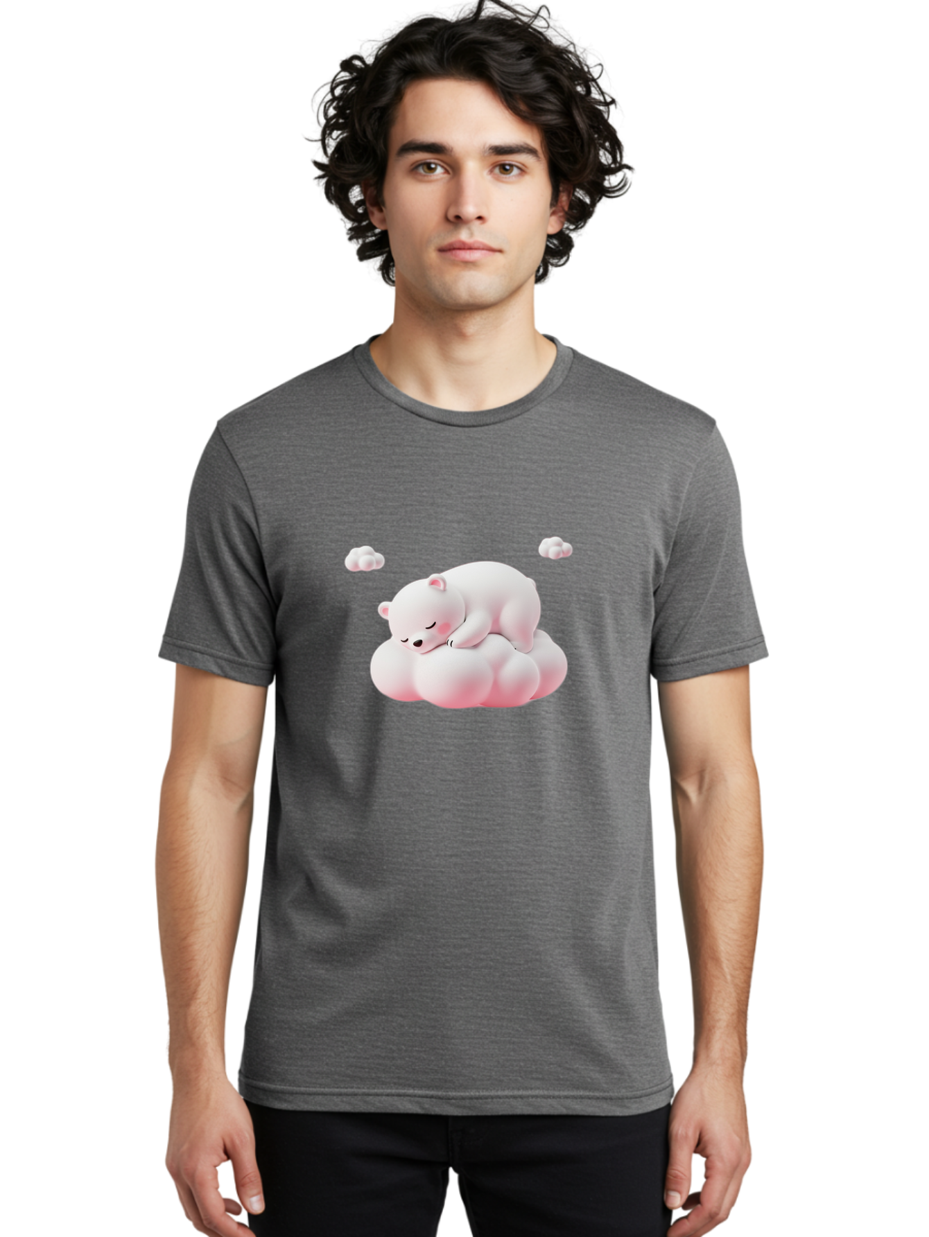 Sleeping-Polar-Bear-1 Men'S Graphic Tee, 100% Cotton, Comfortable Casual Summer Wear, Machine Washable, Sleeping Polar Bear, Cute Cartoon Animal, Peaceful Slumber, Fluffy White Bear, Serene Atmosphere, Adorable Illustration, Soft Pink Clouds, Bae740