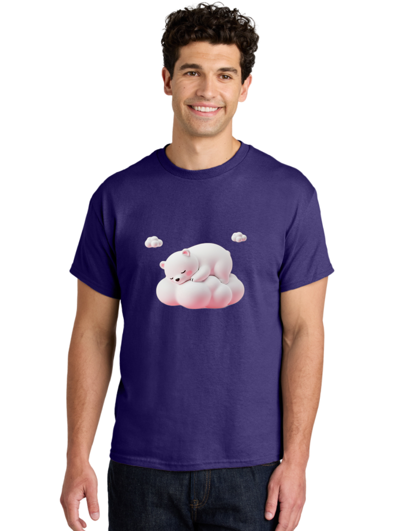 Sleeping-Polar-Bear-1 Men'S Graphic Tee, 100% Cotton, Comfortable Casual Summer Wear, Machine Washable, Sleeping Polar Bear, Cute Cartoon Animal, Peaceful Slumber, Fluffy White Bear, Serene Atmosphere, Adorable Illustration, Soft Pink Clouds, Bae740
