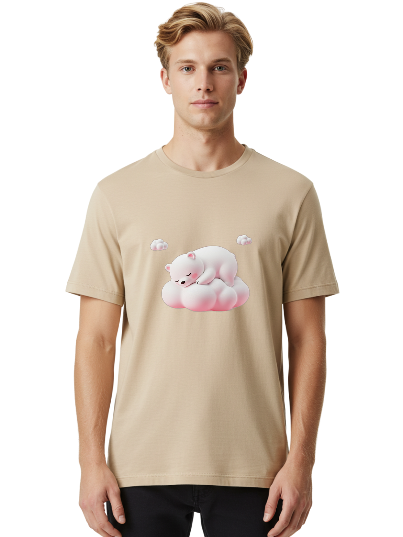 Sleeping-Polar-Bear-1 Men'S Graphic Tee, 100% Cotton, Comfortable Casual Summer Wear, Machine Washable, Sleeping Polar Bear, Cute Cartoon Animal, Peaceful Slumber, Fluffy White Bear, Serene Atmosphere, Adorable Illustration, Soft Pink Clouds, Bae740