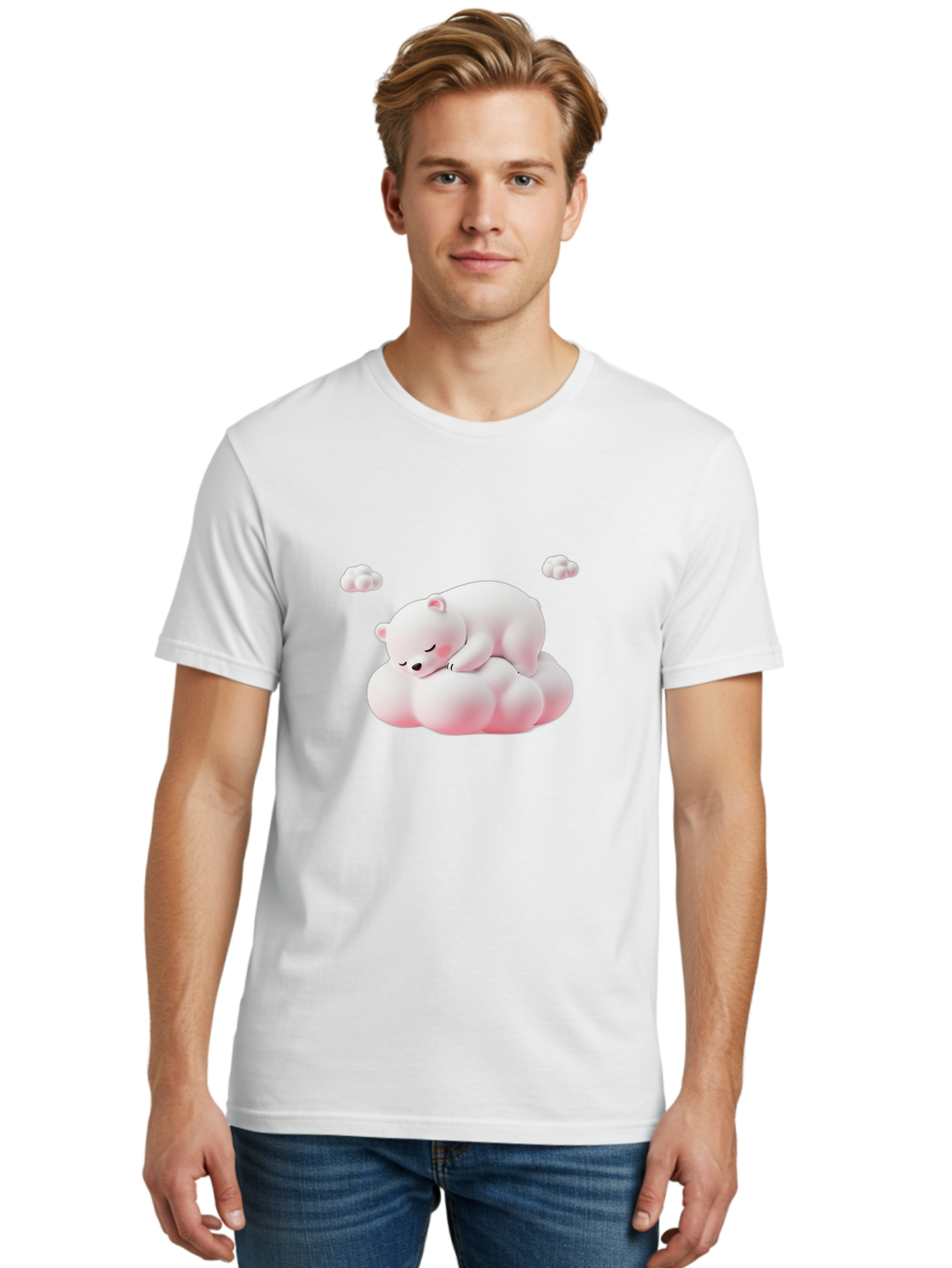 Sleeping-Polar-Bear-1 Men'S Graphic Tee, 100% Cotton, Comfortable Casual Summer Wear, Machine Washable, Sleeping Polar Bear, Cute Cartoon Animal, Peaceful Slumber, Fluffy White Bear, Serene Atmosphere, Adorable Illustration, Soft Pink Clouds, Bae740