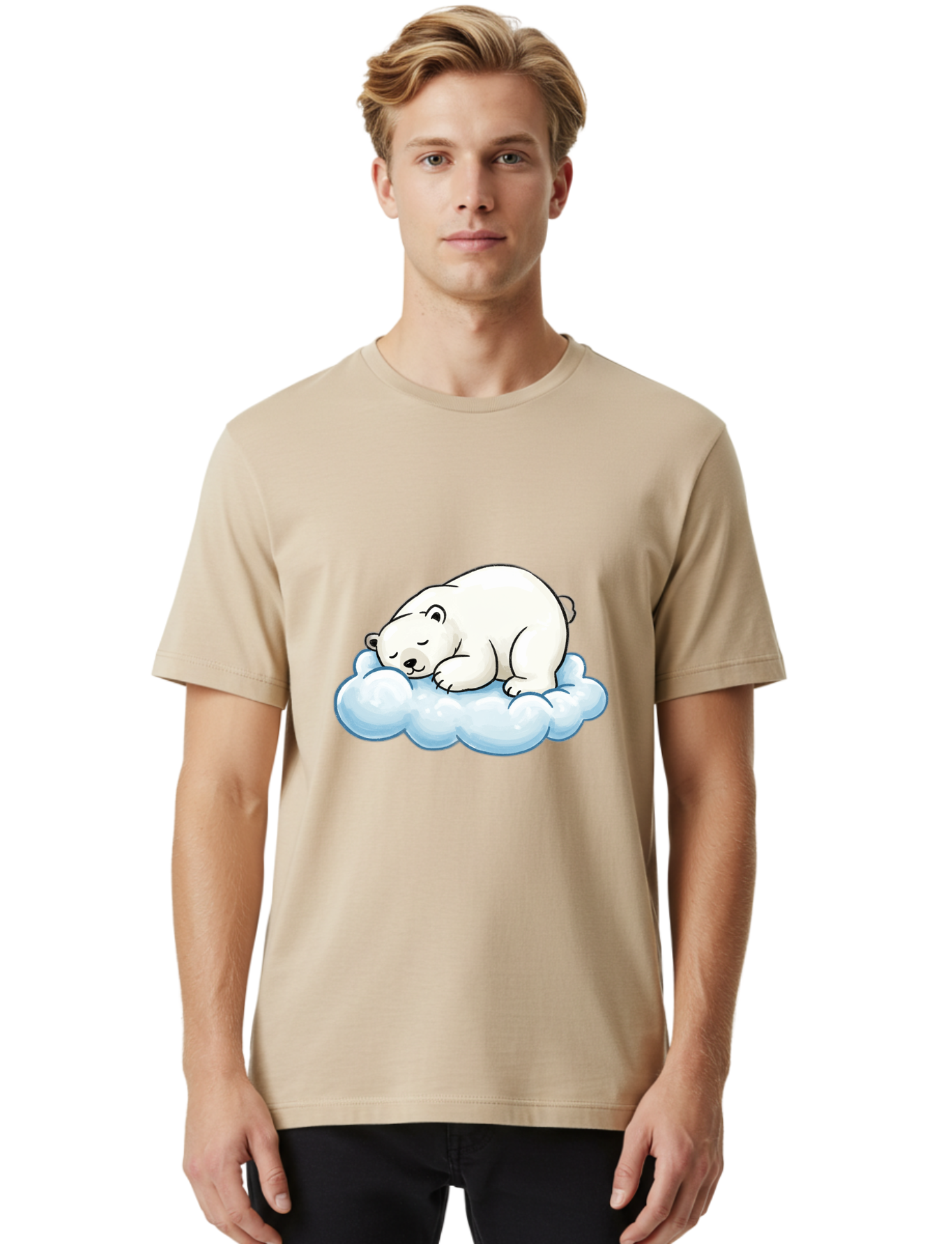 Sleeping-Polar-Bear-10 Men'S Graphic Tee, 100% Cotton, Comfortable Casual Summer Wear, Machine Washable, Sleeping Polar Bear, Cute Cartoon Character, White Fur, Fluffy Cloud, Peaceful Slumber, Adorable Illustration, Dreamy Atmosphere, Bae741