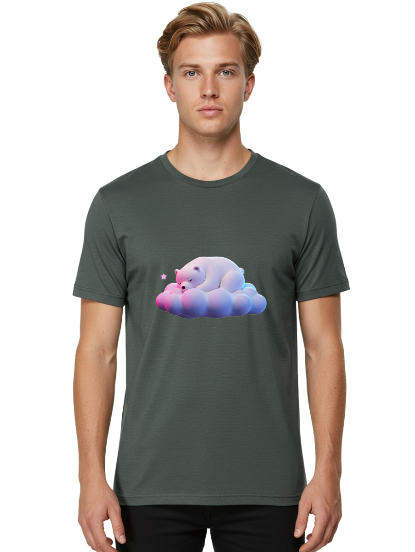 Sleeping-Polar-Bear-11 Men'S Graphic Tee, 100% Cotton, Comfortable Casual Summer Wear, Machine Washable, Sleeping Polar Bear, White Bear, Cloud, Dreamy Scene, Peaceful Slumber, Serene Atmosphere, Cute Bear, Cartoon Style Bae742